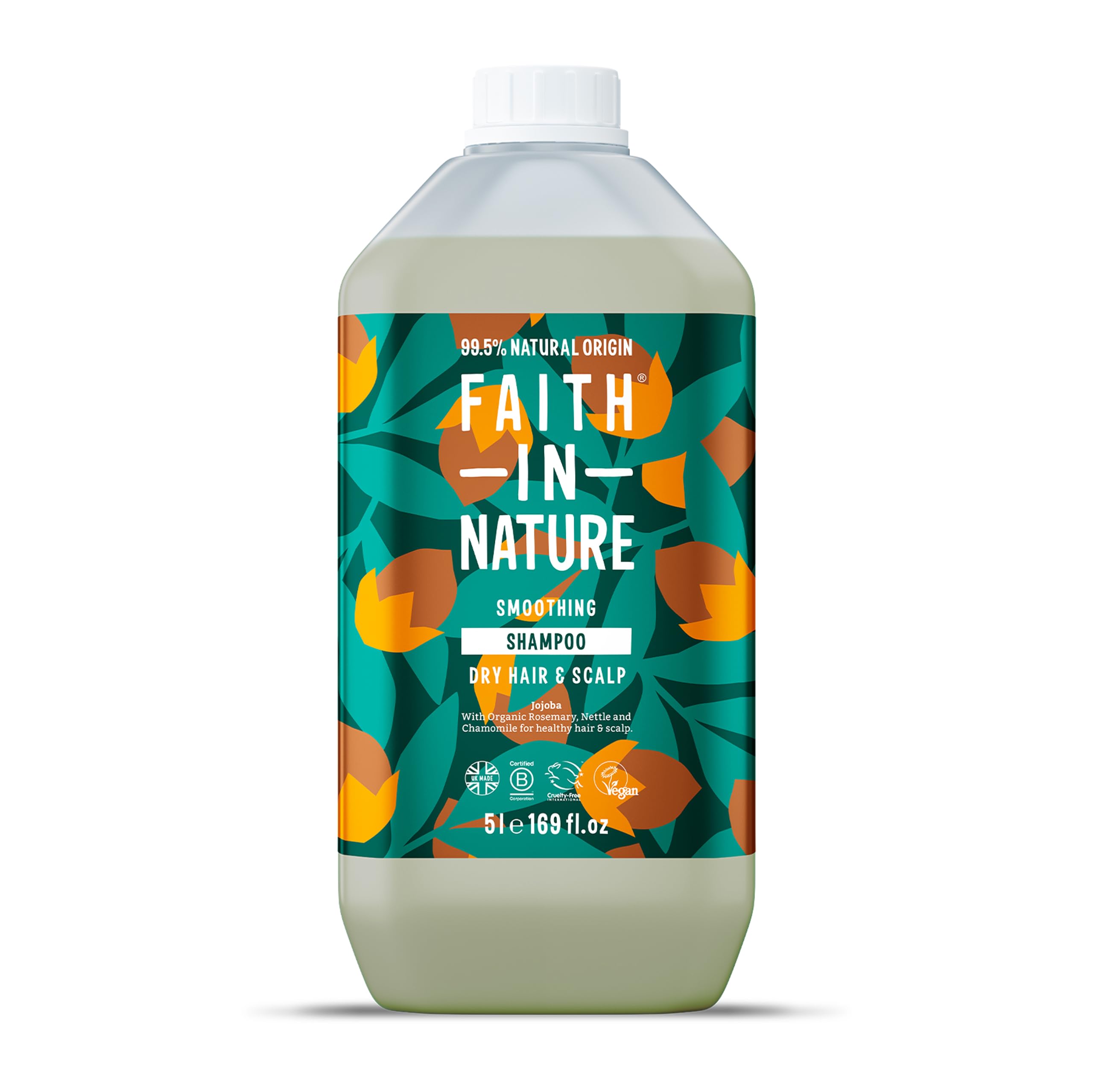 Faith in Nature Natürliches Jojoba Shampoo, Glättend, Vegan & Ohne Tierversuche, Frei von Parabenen und SLS, für Normales bis Trockenes Haar, 5 L Nachfüllpackung