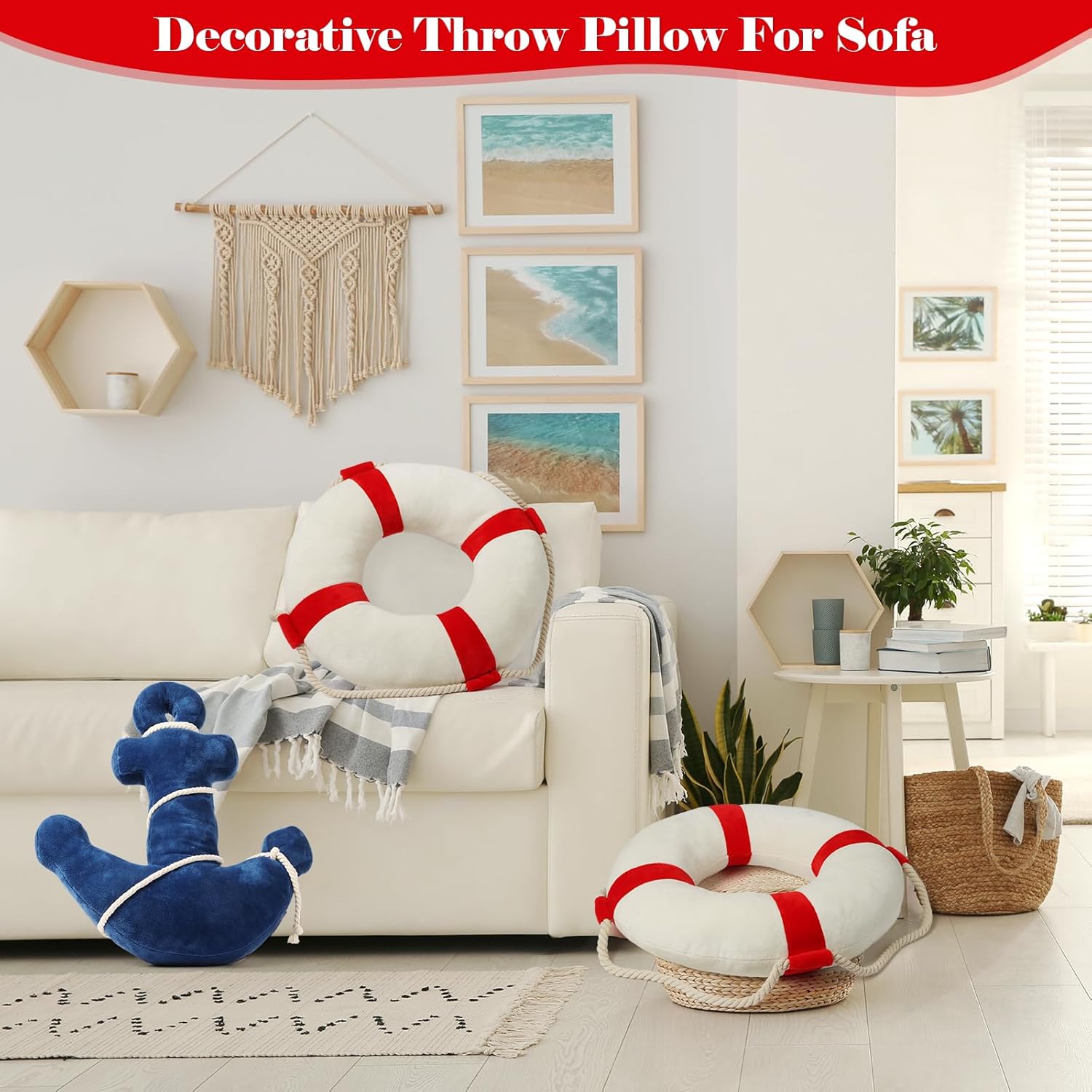 Marble Empire Life Ring Buoy Plush Pillow Nautical Decorative Throw Pillows Coastal Beach Themed Stuffed Pillow for Home Bed Couch