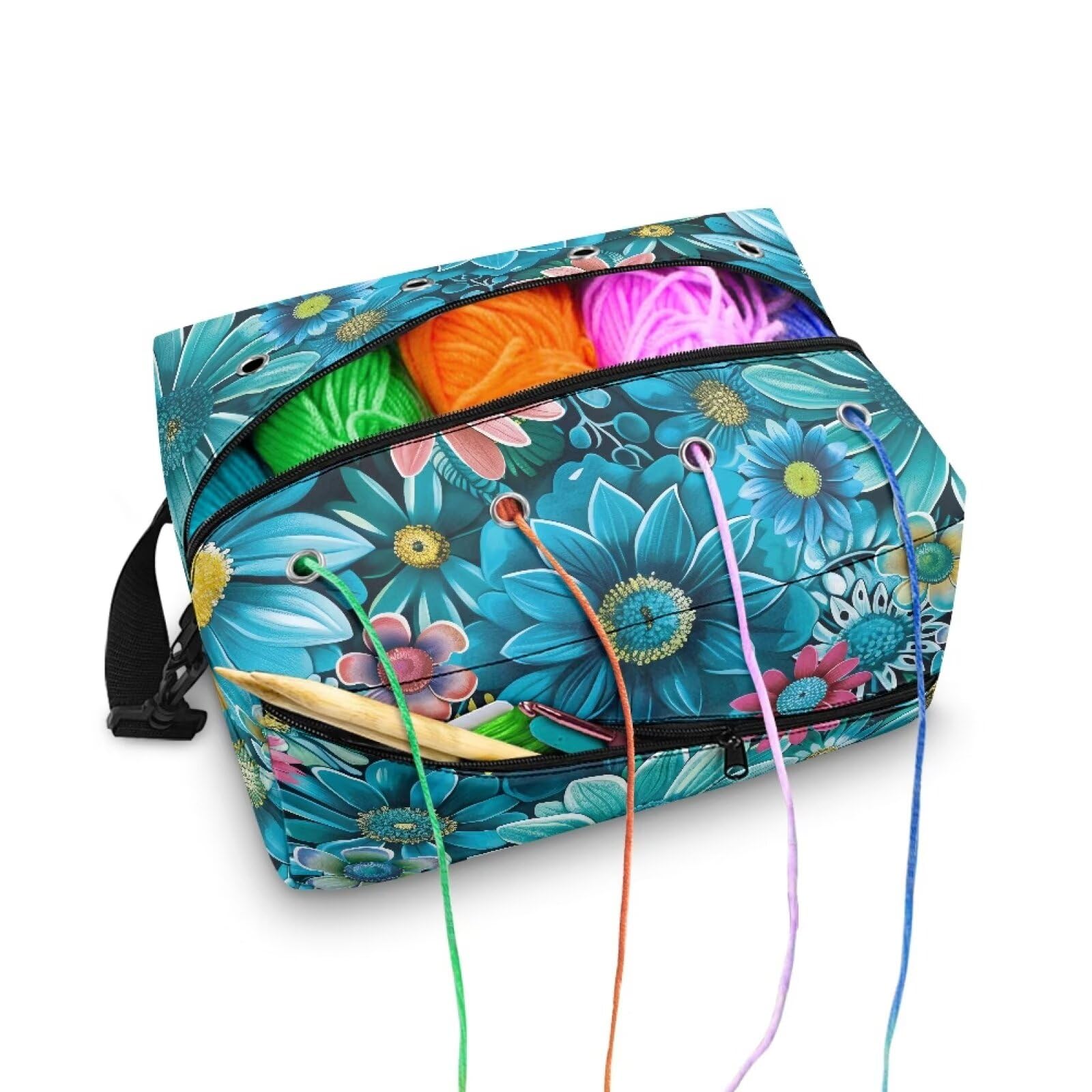 Drnuikhe Blue Sunflower Portable Yarn Storage Bag for Knitting Kit, Large Crochet Bag Tote Gift Yarn Holder Case for Carrying Projects, Knitting Needles