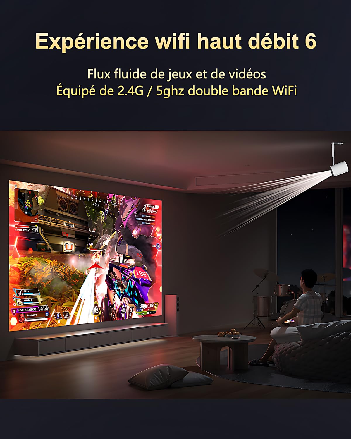 Vidéoprojecteur avec WiFi 6 et Bluetooth 5.4 Mini Projecteur Supporte 4K 1080P Rotation 90° Compatibile avec HDMI/USB/Laptop, Blanc, Trapézoïdale Horizontale Auto Correction