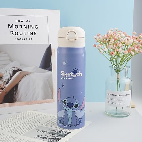 Miniatura 3 de Linda botella de agua de puntada, botella de agua de anime de dibujos animados con popote, botella aislada de apertura rápida para niñas, 16.2 fl oz