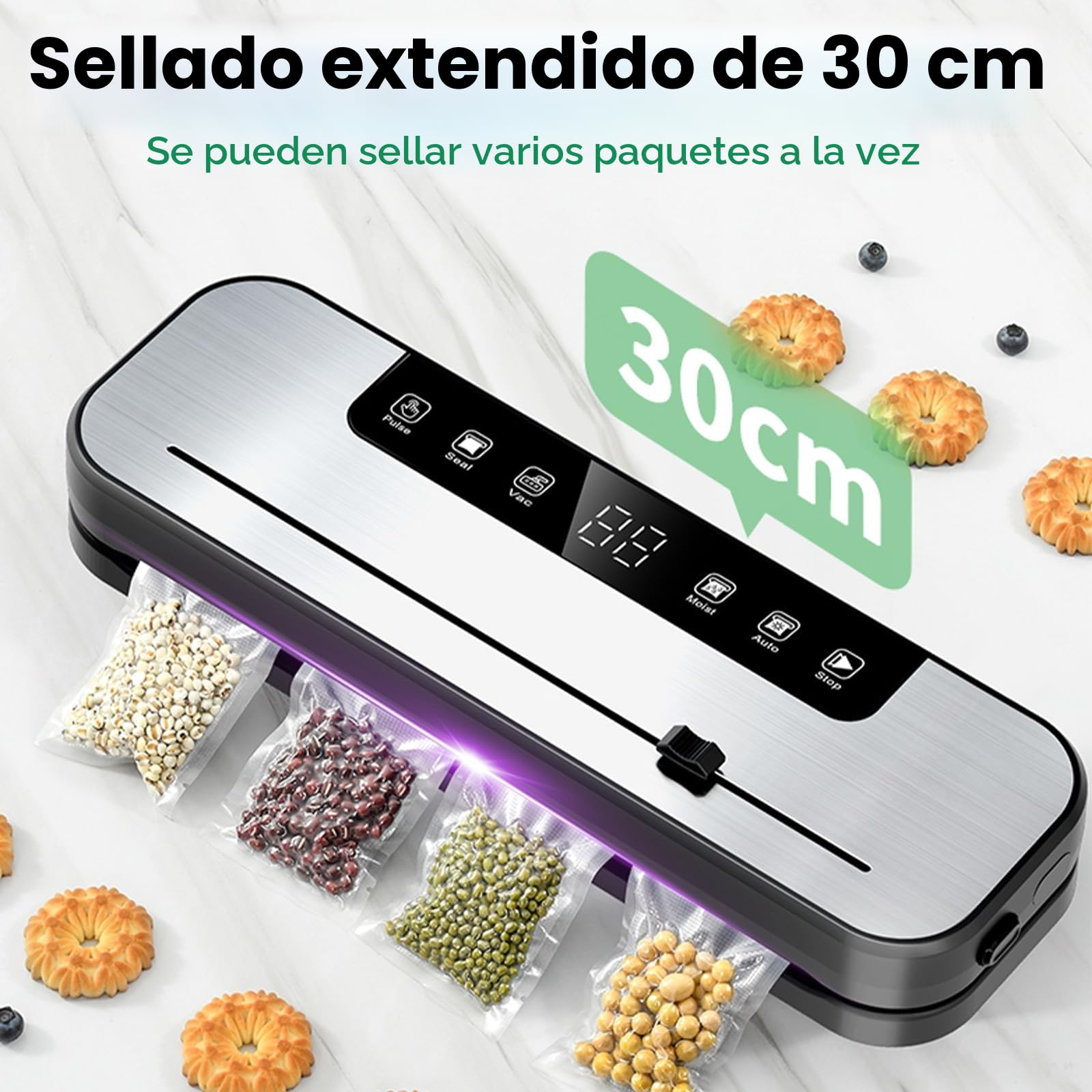 Envasadora al vacío 6 en 1 profesional para alimentos, con 50 bolsas de envasado al vacío y 1 manguera para recipiente al vacío, dispositivo de sellado automático de 75 Kpa con cortador y cuenta atrás