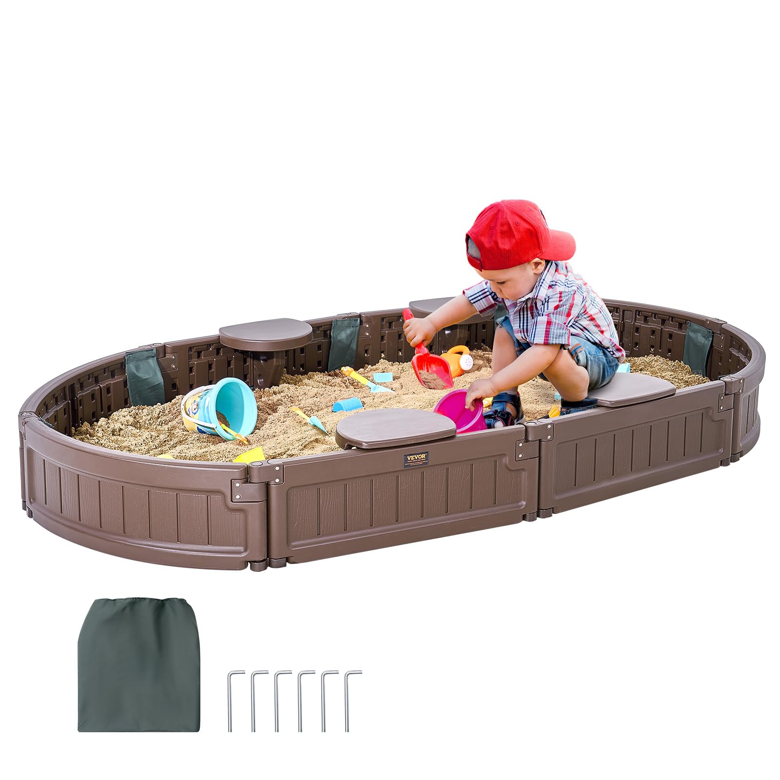 VEVOR Sandbox with Cover, 72 x 41.5 x 9.1 in Oval Sand Box, HDPE Sand Pit with 4 Corner Seating and Bottom Liner, Kids Sandbox for Outdoor Backyard,