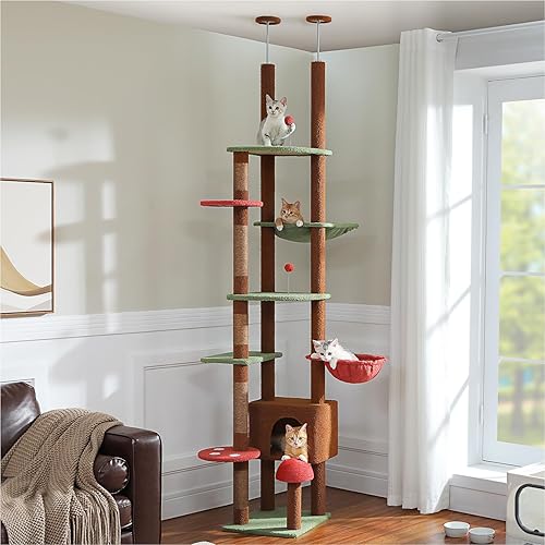 Miniatura 8 de PETEPELA Torre para gatos de 5 niveles de piso a techo, altura del árbol para gatos (95-107 pulgadas), ajustable, árbol alto para escalar gatos con