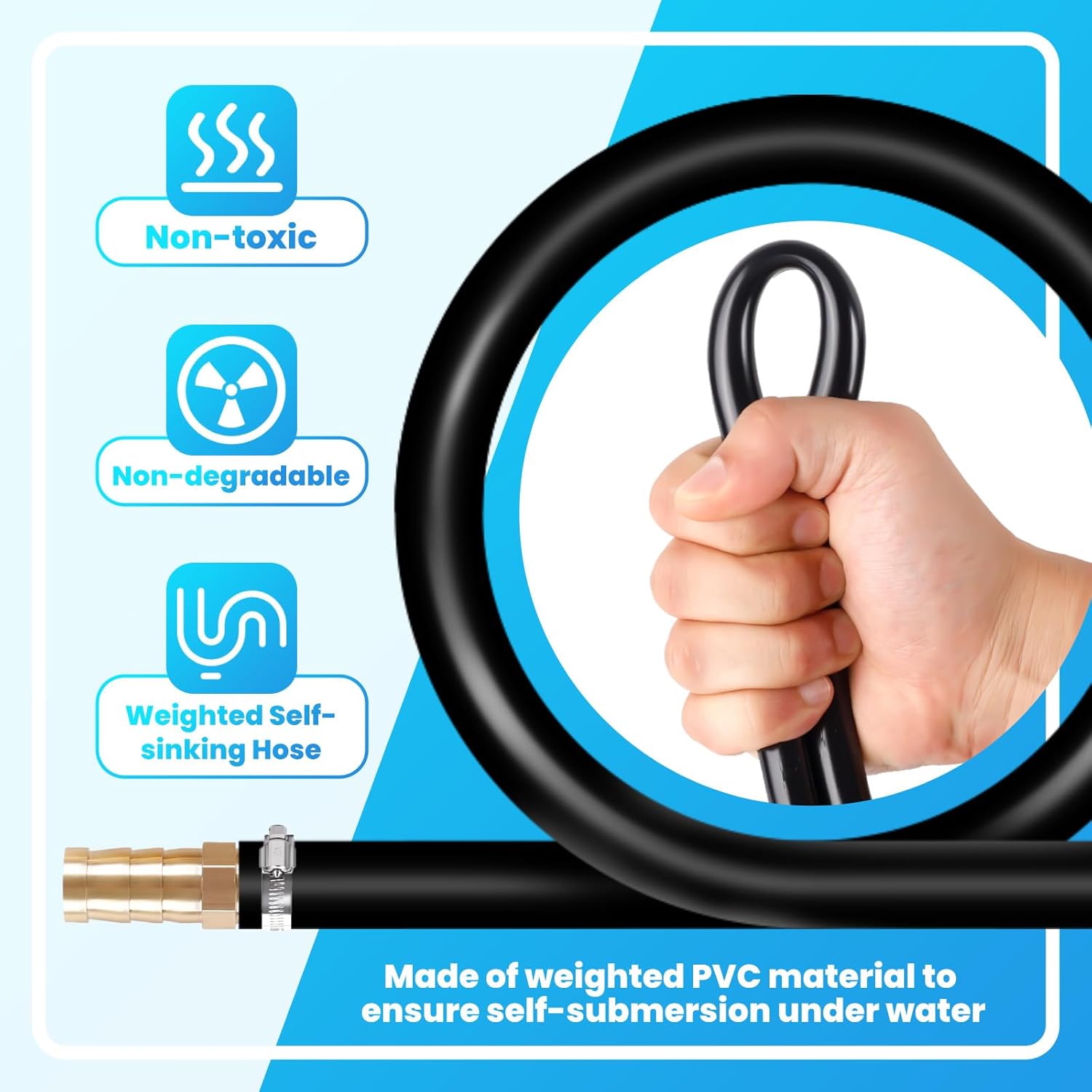 Self Sinking Aeration Hose 3/8" x 328', Weighted Kinkproof Aerator Pond Tubing for Pond, Aquaculture, Water Gardens & Fountains, with 4 Stainless Steel Hose Clamps & Menders