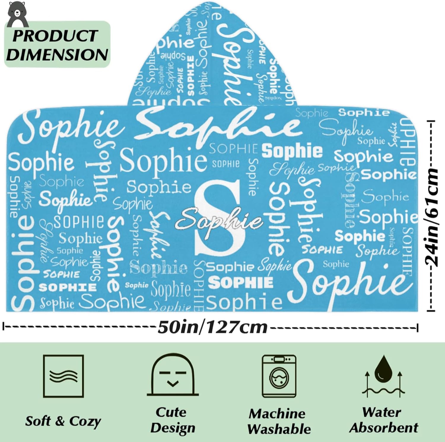 Personalized Kids Hooded Beach Towel Personalized Pool Towels with Name, Microfiber Quick Dry Custom Bath Towels with Hood, Light Blue