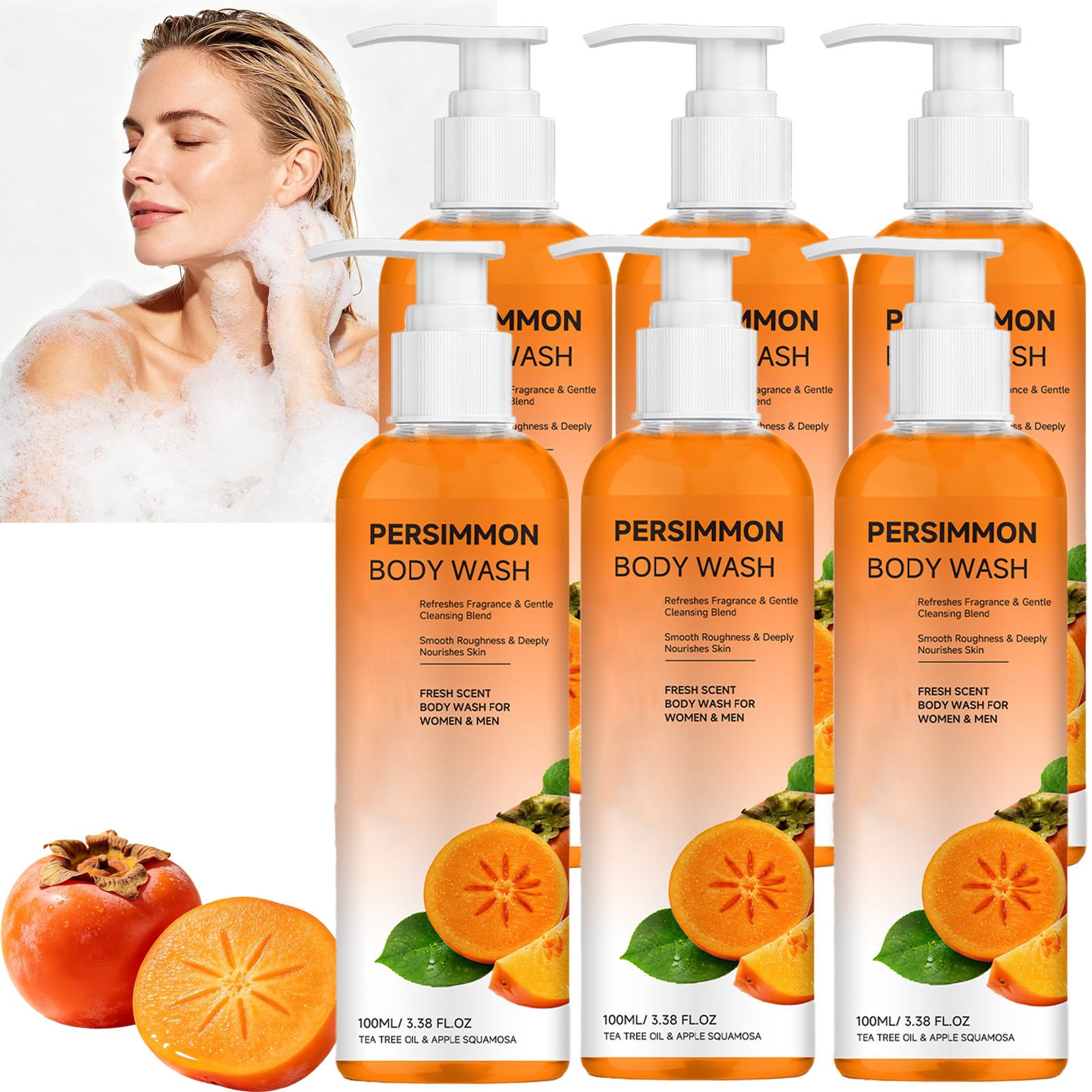 Bagnoschiuma al cachi per il controllo degli odori, bagnoschiuma idratante per odori corporei persistenti, gel doccia detergente profondo per pelli sensibili – ideale da viaggio. (6pcs)