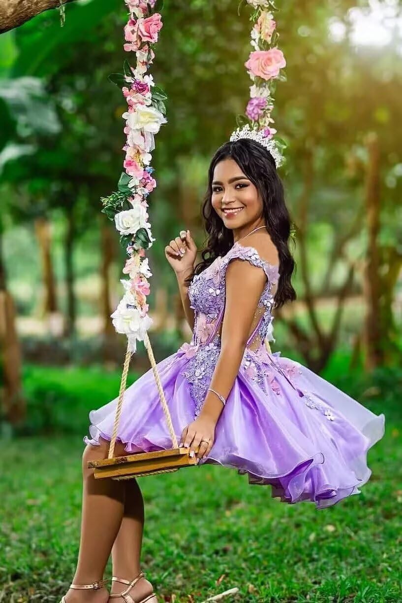 Women's Off Shoulder Quinceanera Dresses Short 3D Butterfly Homecoming Dresses for Teens Prom Dress Floral Beaded