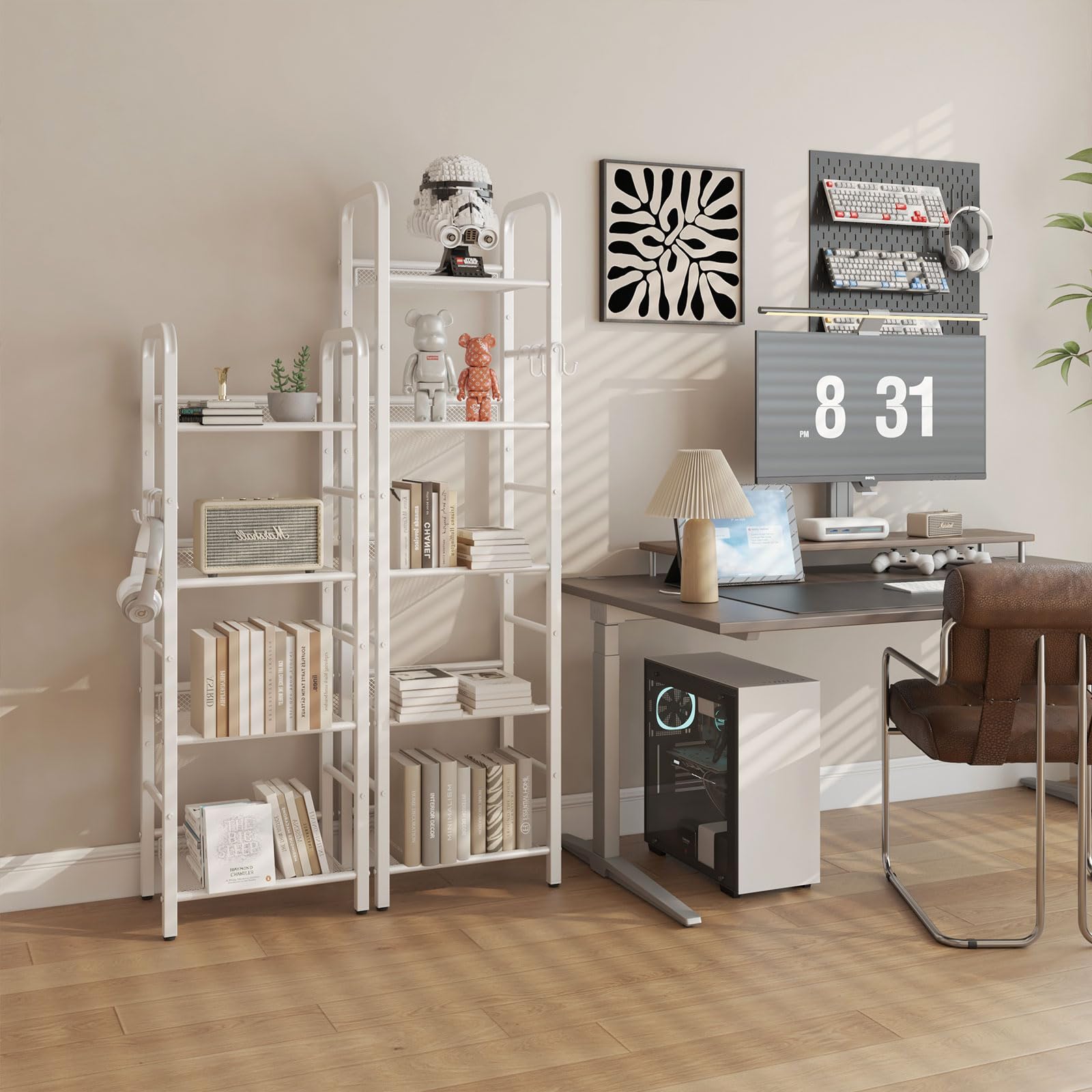 YMYNY Libreria a 5 strati, Libreria, Racchetto di stoccaggio, Mensole, Gancio a S 8 pezzi, Struttura in metallo, Stile minimalista, per Soggiorno, Ufficio, Bagno, Bianco HBC055W