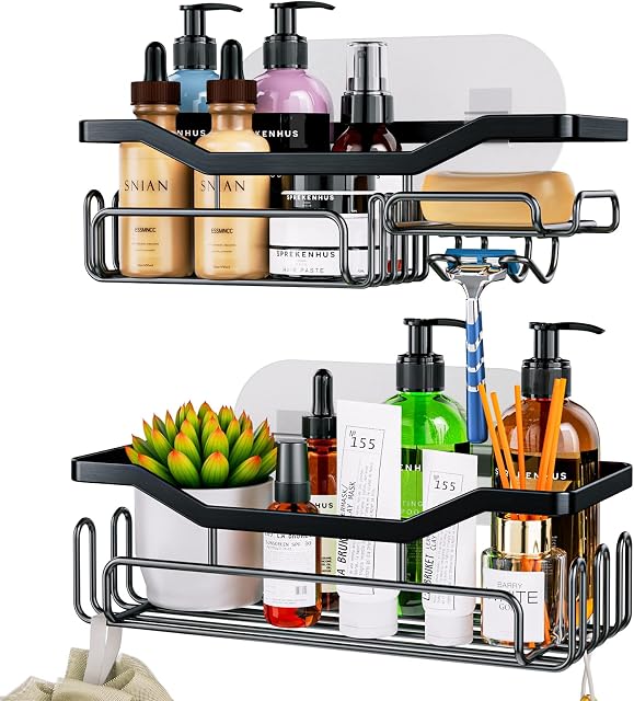 HapiRm Bathroom Storage Shower Shelves, Shower Caddy with 11 Hooks, Bathroom Shelf with Razor Holder,Soap Dish,Towel Hook Bathroom organiser, Bathroom Accessories Black,3 Sticker,2 pcs