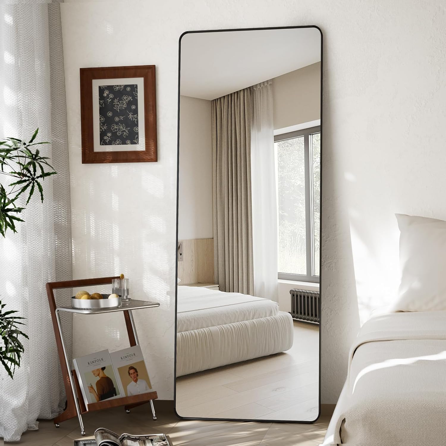 VooBang Round Corner Mirror Full Length, 66" x 23" Floor Mirror with Stand, Matte Aluminum Alloy Frame Full Body Mirror, Standing Hanging or Leaning for Bedroom and Living Room, Black