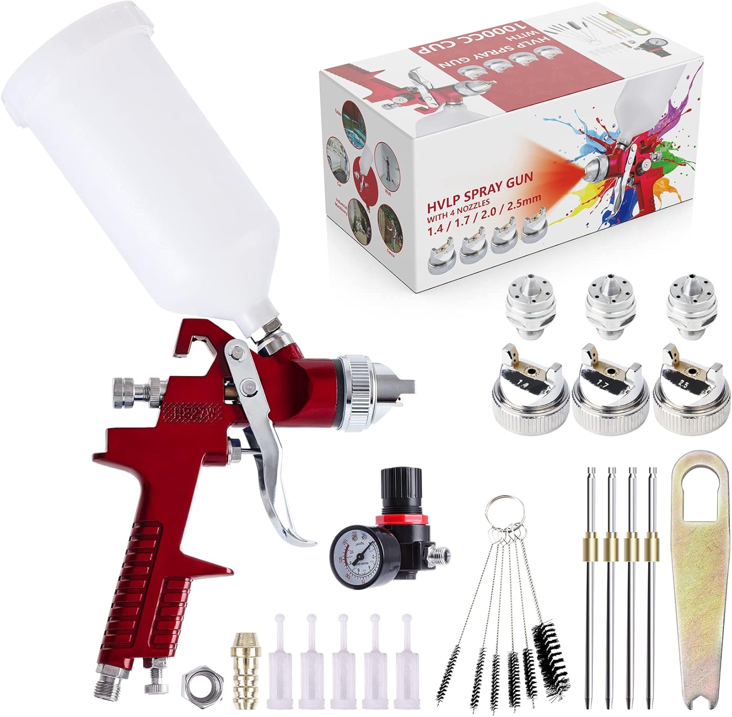 BANG4BUCK HVLP Spray Gun, Auto Paint Spray Gun, Spray Paint Gun with 4 Nozzles 1.4/1