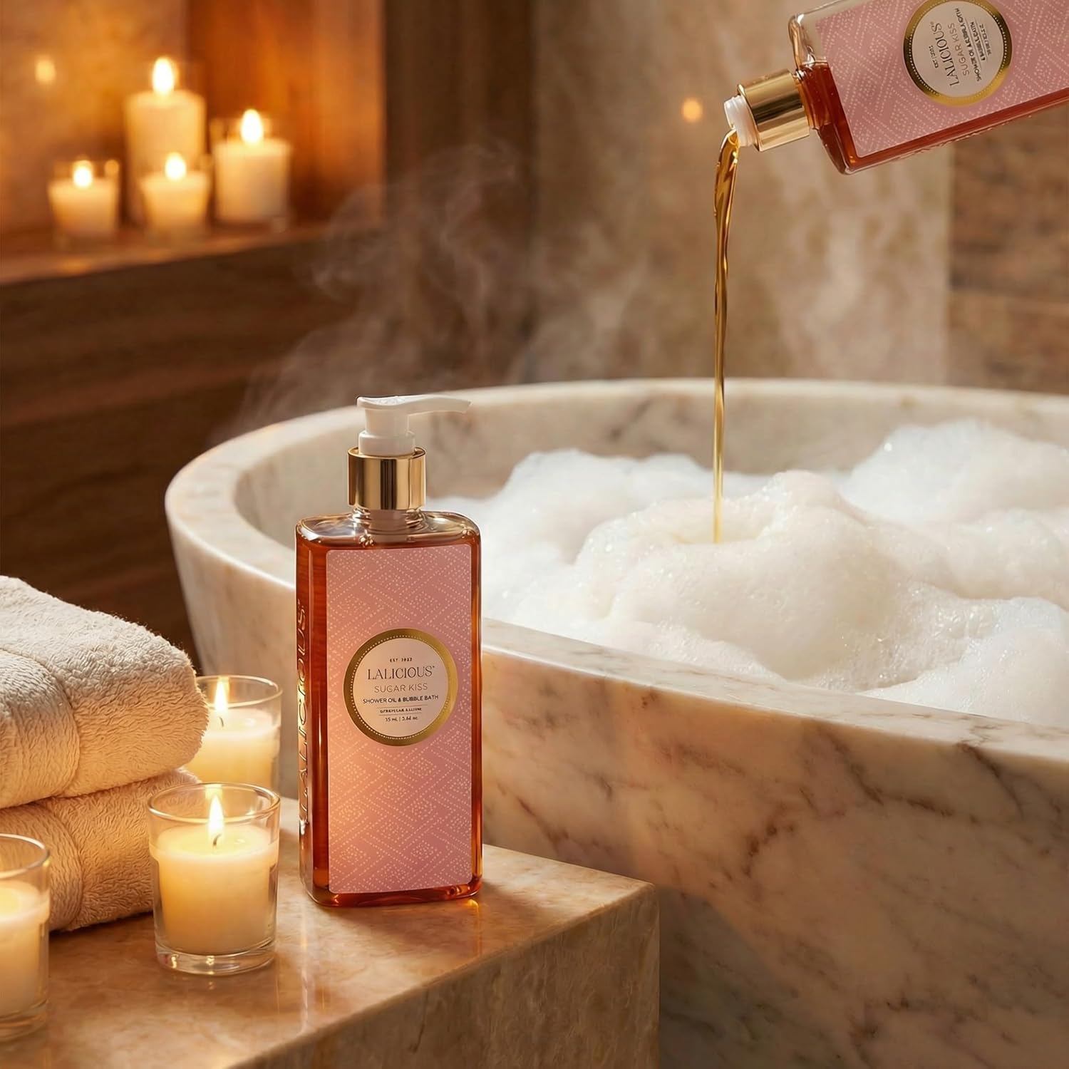 LALICIOUS Sugar Kiss® Shower Oil & Bubble Bath, Moisturizing Body Wash with Topical Probiotics & Grapeseed Oil, Multi-Use Softening Cleanser for Shower, Bath & Shaving, 10 oz