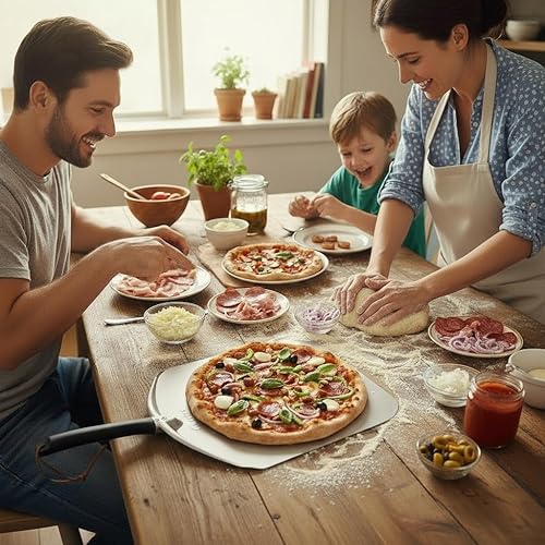 Miniatura 5 de Q Pizza Pala de aluminio para pizza, paleta de torneado de pizza de metal de 12 pulgadas para horno de parrilla, espátula de pizza para hornear pan,
