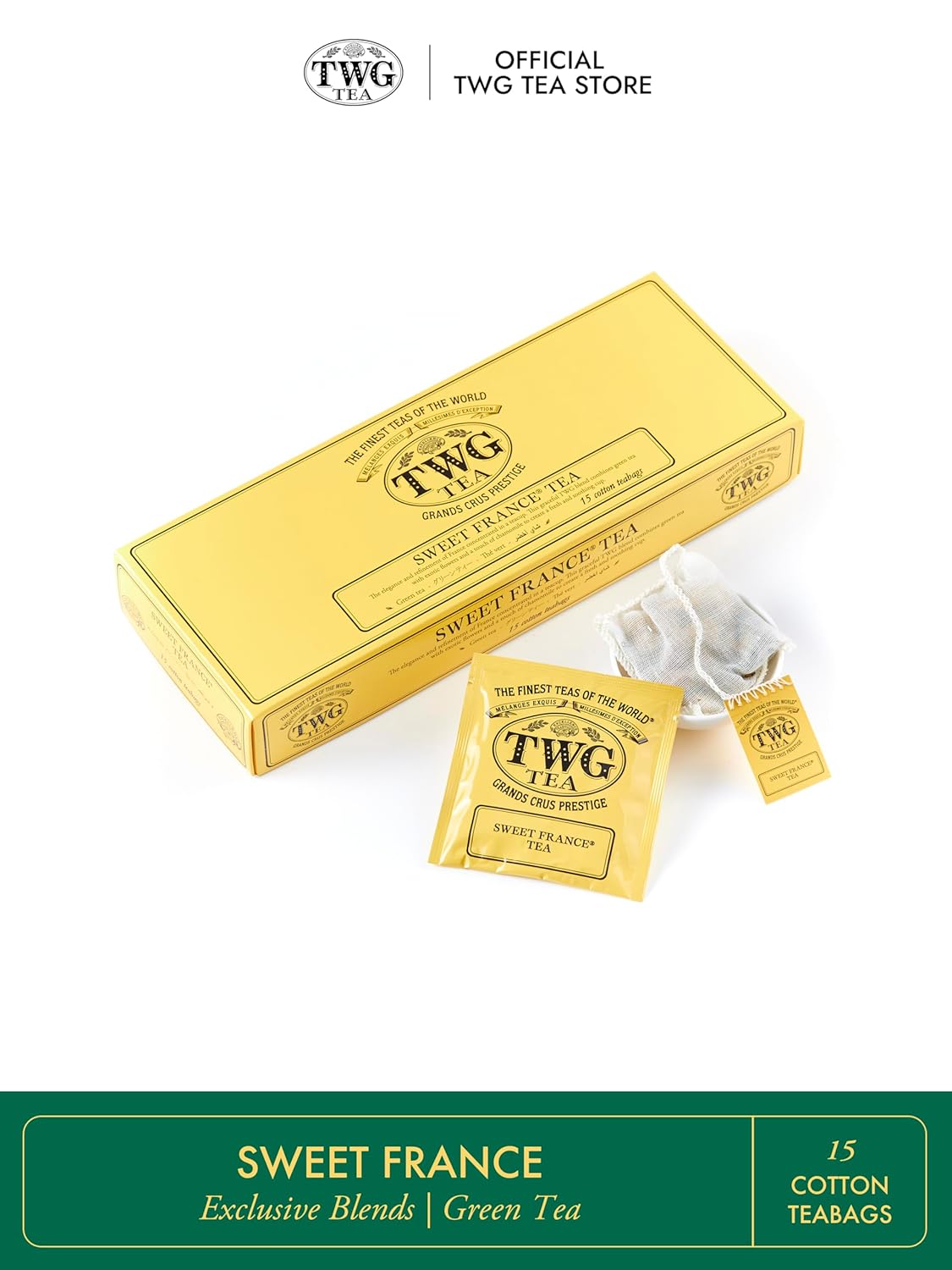 TWG Tea | Sweet France Tea | Green Tea | Chamomile Flowers & Rose Petals | 15 Hand Sewn Cotton Tea Bags | Gift Set
