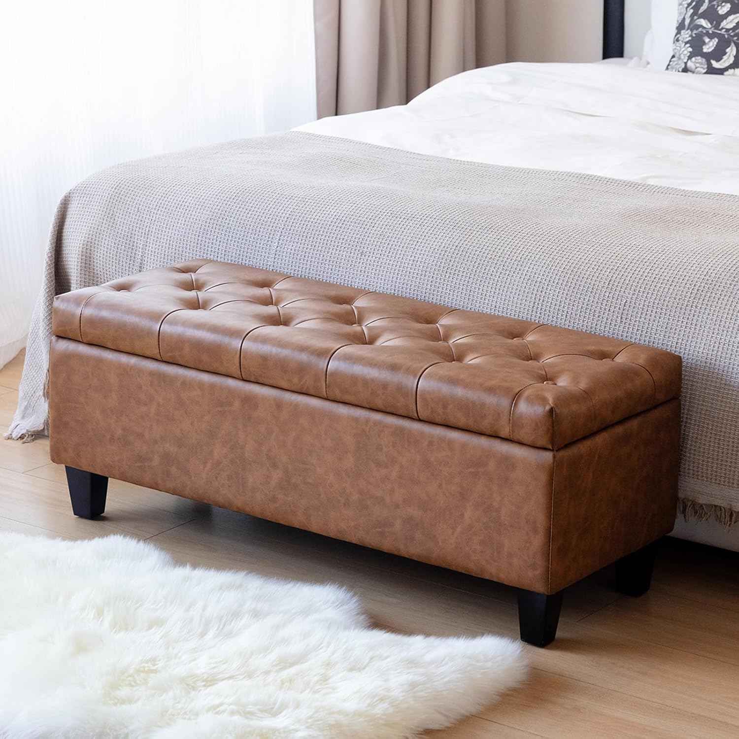 Redlife Faux Leather Storage Ottoman Bench, End of Bed Storage Benches, Button Tufted, Solid Wood Leg, Safety Hinge, Modern Accent Leather Ottoman Storage for Bedroom Living Room Entryway