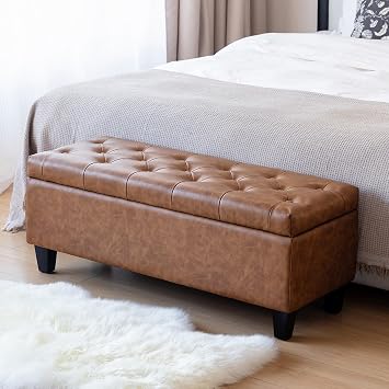 Redlife 42" Faux Leather Storage Ottoman Bench, End of Bed Storage Bench | Faux Leather, Solid Wood Leg, Safety Hinge, Modern Accent Leather Ottoman Storage for Bedroom Living Room Entryway, Brown