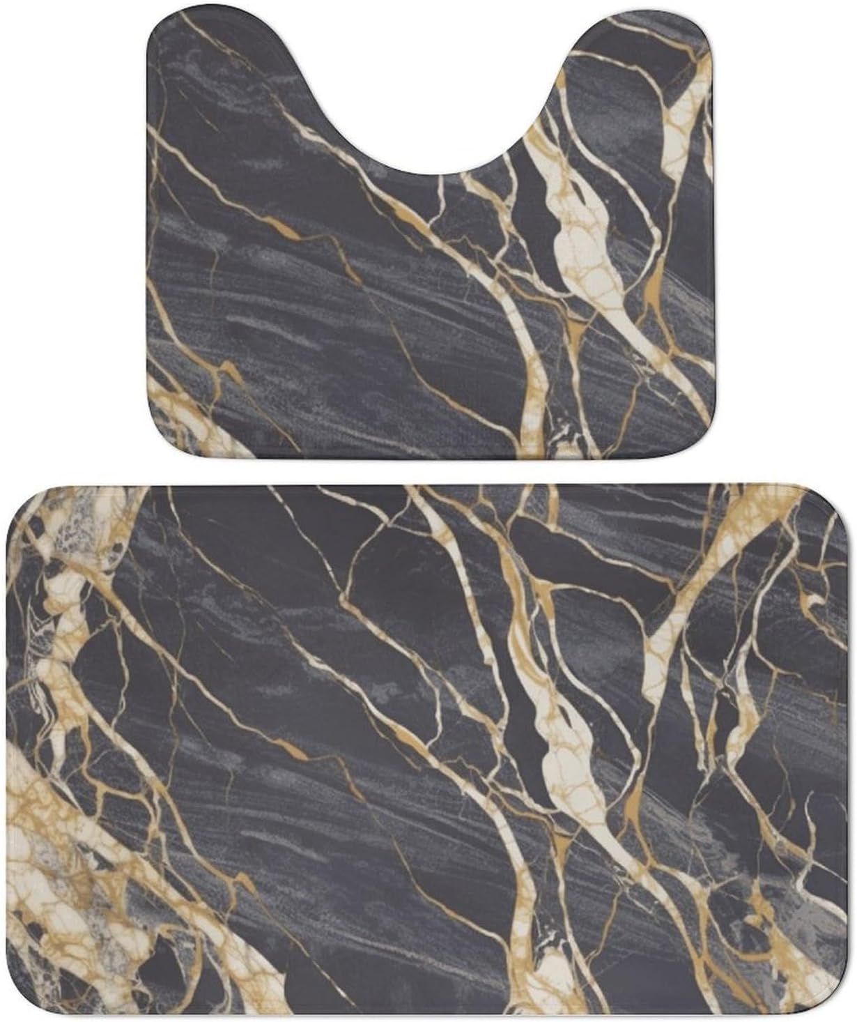 Bath Mat Set 2 Pieces Coral Velvet Bath Rug Non Slip Absorbent Microfiber Bathroom Rugs Quick Dry U-Shaped Toilet Rug Marble Bathmat Washable Soft Carpet