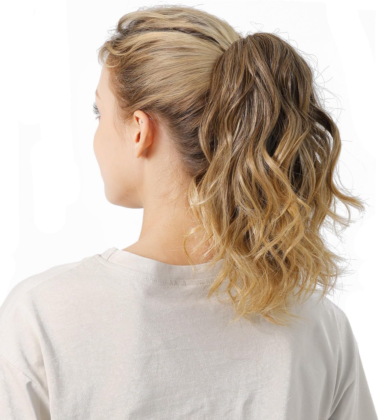 DAYCEN Short Curly Ponytail, Clip On Synthetic Wavy Hair Ponytail Extensions For