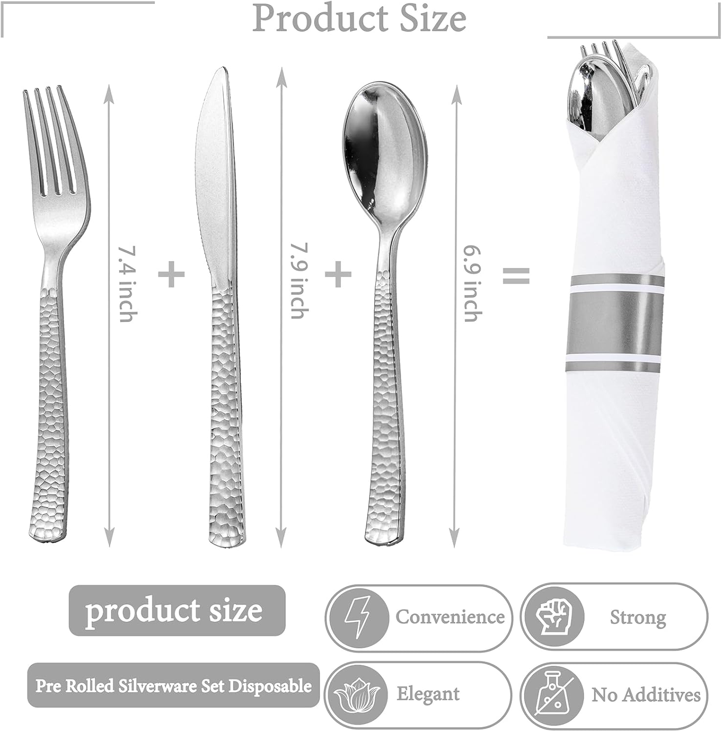 WELLIFE 100 Pack Silver Plastic Silverware, Pre Rolled Silverware Set Disposable,Plastic Cutlery Includes: 100 Forks, 100 Knives, 100 Spoons, 100 Napkins, Cutlery Set Disposable for Party and Wedding