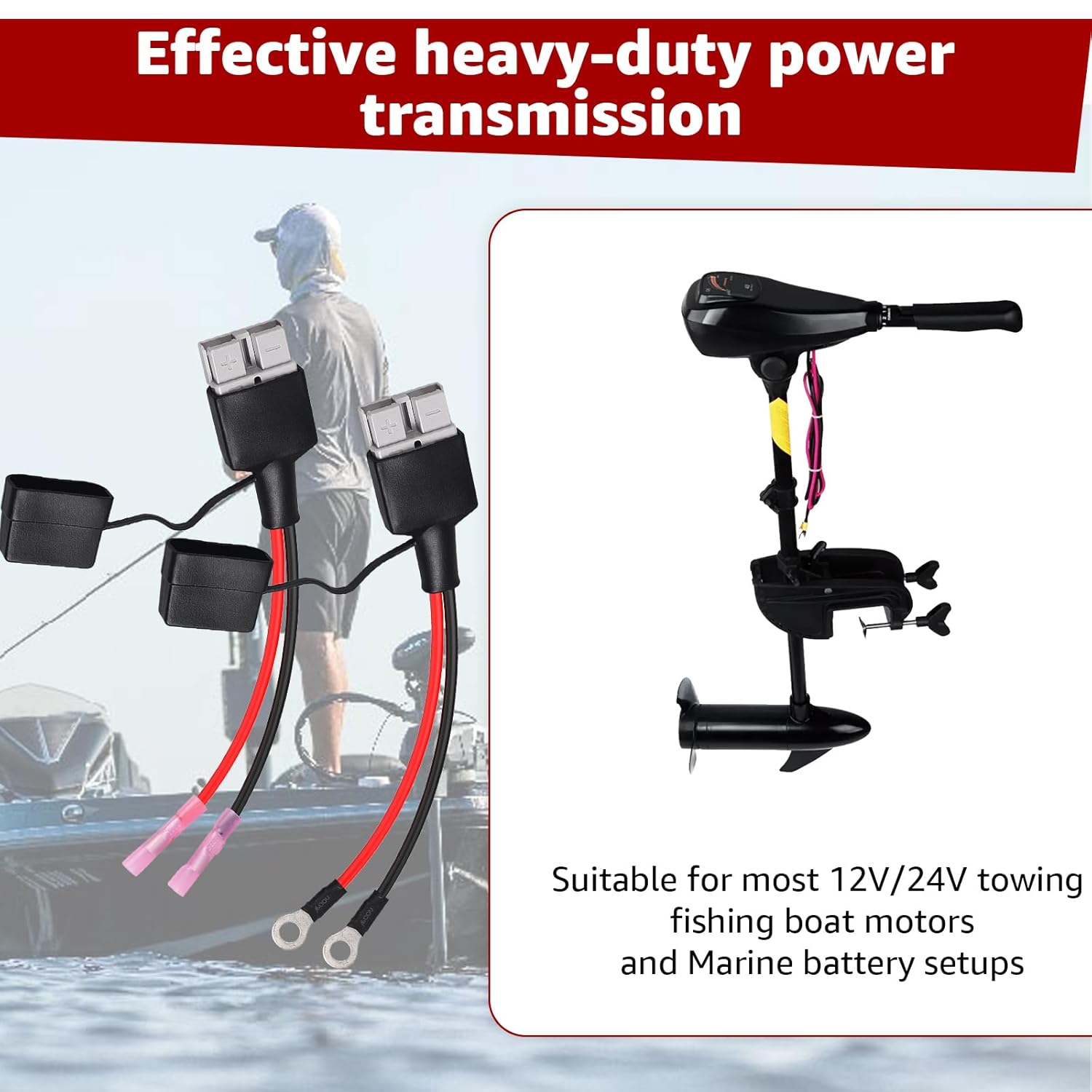 Compatible with Pro Controll Trolling Motor Plug and Wiring Kit - 8 Gauge Marine Grade Quick Connectors for 12V and 24V Trolling Motors, Tool-Free Installation, Extension Cable and Connector Set