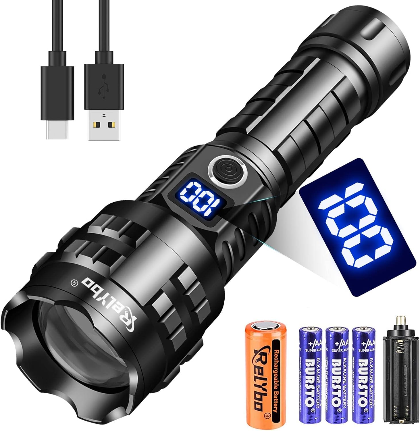 Relybo A06 LED Flashlight with included rechargeable battery and AAA batteries