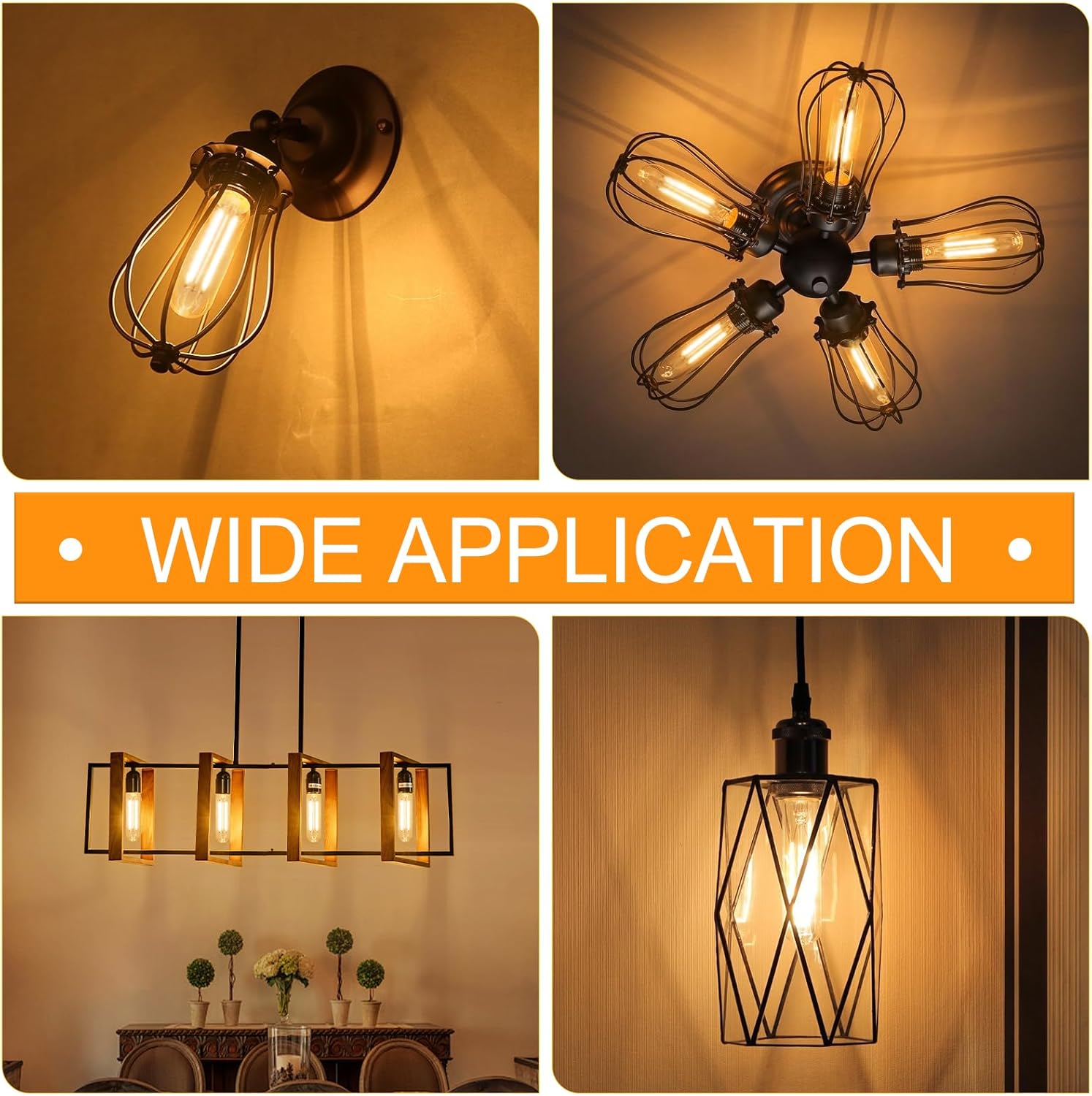 GvvooHome Tubular LED Edison Bulb 2200K Amber Warm Dimmable, 2W, 25 watt Equivalent, E26 LED Light Bulbs, T10 Edison Bulbs for Chandeliers, Ceiling Fan, 90+CRI 250LM, 6 Pack