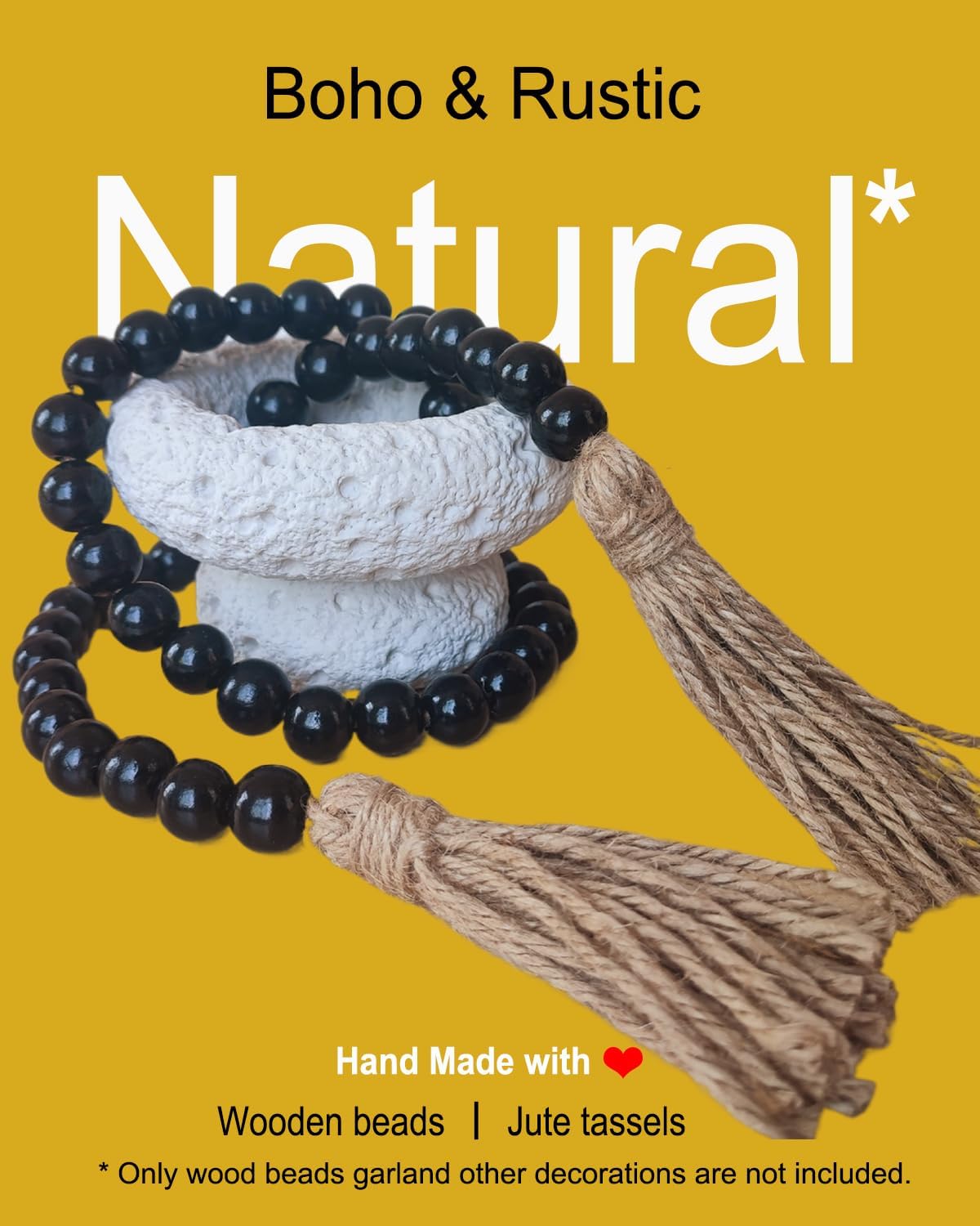 Boho Decor Wood Beads Garland Farmhouse Wall Hanging Decorations Natural Wooden Bead Tassel Decorative for Coffee Table Christmas and Prayer (Black, 39")
