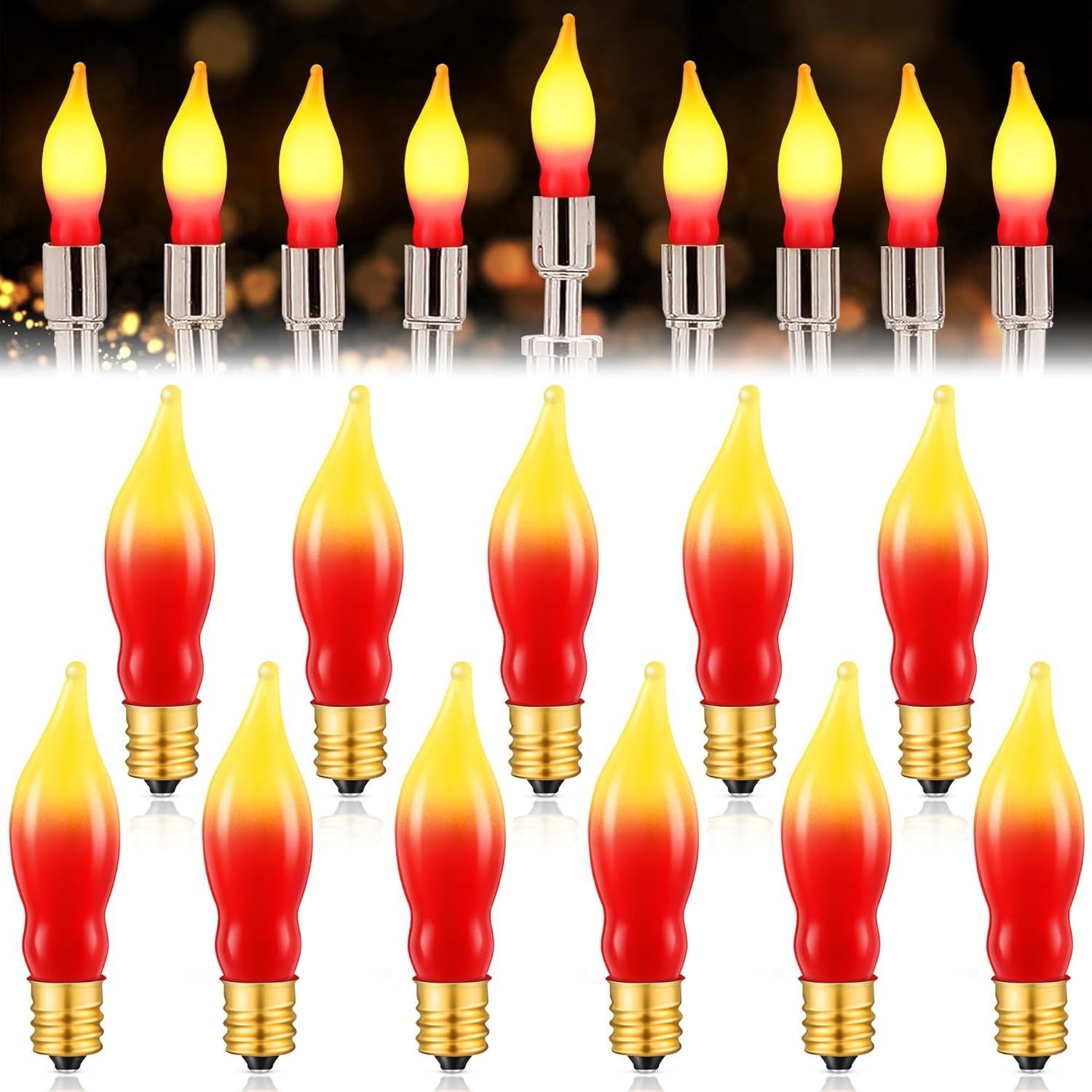 11 Pack Christmas Flame Shape Light Bulbs, Red Yellow Christmas Flame Replacement Bulbs for Window Candles, Electric Menorah, Xmas Night Lights, C7/E12 Candelabra Base, 5 Watt, 120 Volt