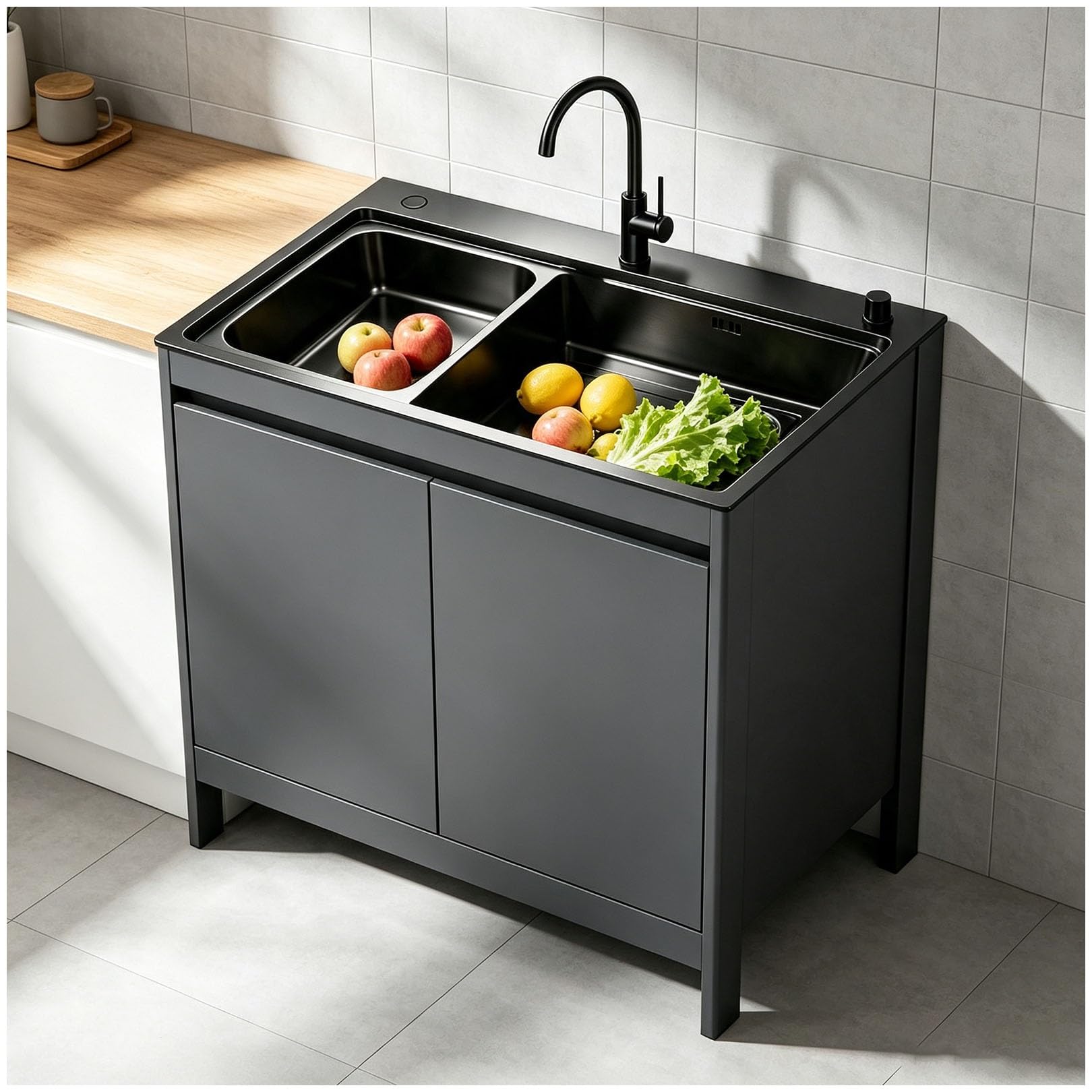 Lavello e mobiletto portaoggetti in acciaio inossidabile 304 | Design salvaspazio, vasca interna removibile, sifone a U antiodore, for camper e piccole cucine(Gray,68cm/26.8in)
