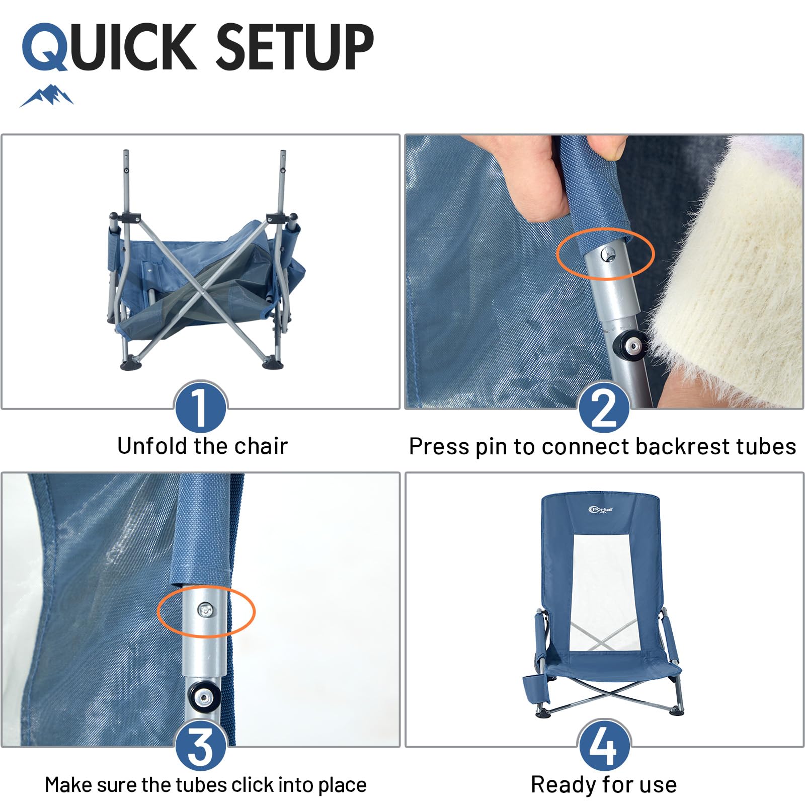 Portal Set di 2 sedie da spiaggia con schienale alto, leggere, basse, portatili per adulti, pieghevoli, per spiaggia, festival, picnic, sedia a sdraio, per esterni, con portabicchieri, rete