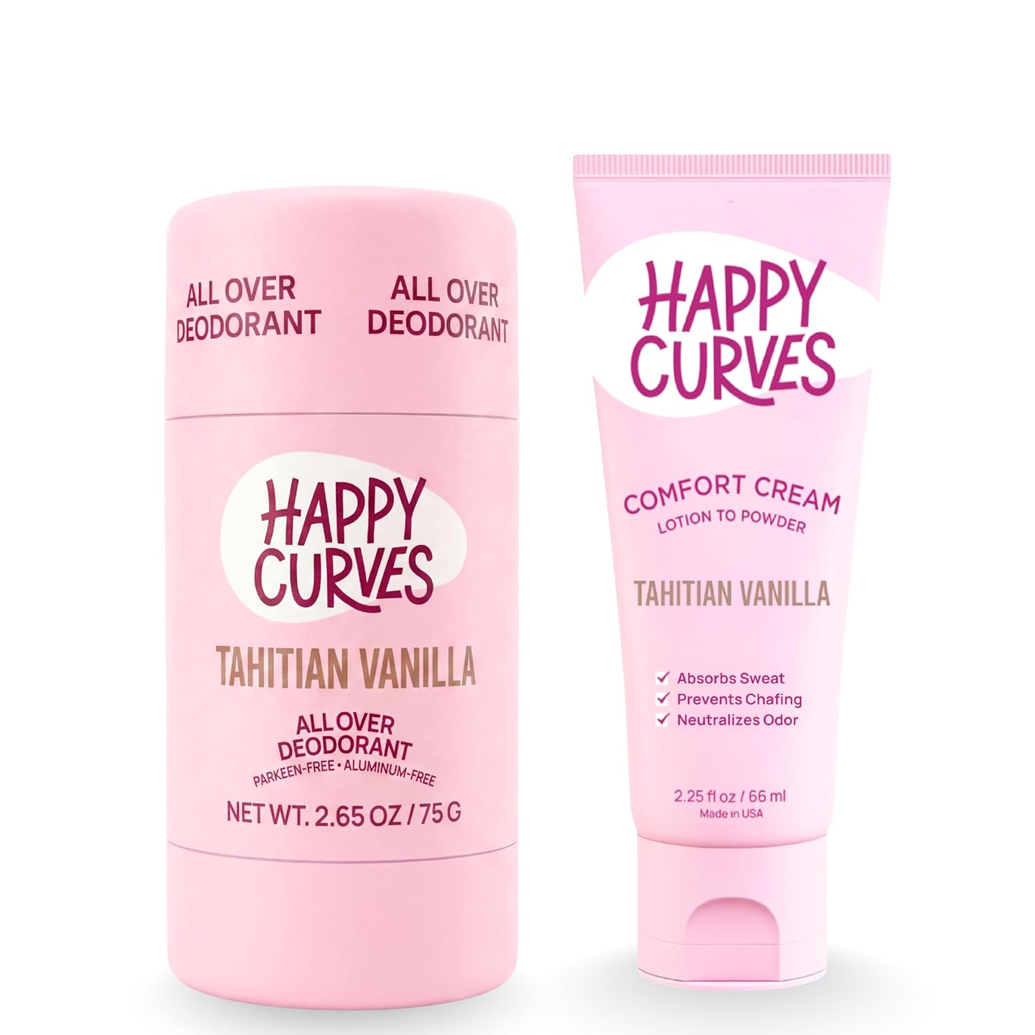 HAPPY CURVES Aluminum-Free Deodorant & Anti-Chafing Lotion to Powder Cream Bundle - All-Day Odor & Chafe Control for Women (Tahitian Vanilla)