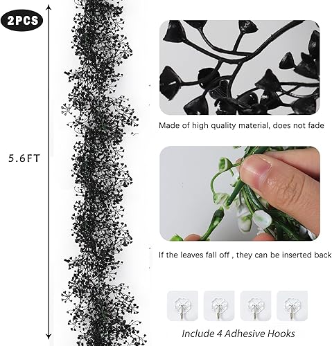 Miniatura 2 de RECUTMS Guirnalda negra de plantas colgantes artificiales, 2 unidades, guirnalda falsa de 5.6 pies, vegetación, helechos artificiales, hojas de