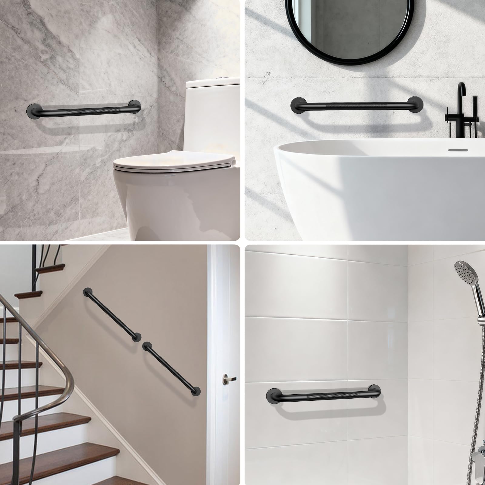 ZUEXT - Confezione da 2 barre di sicurezza per bagno, 50,8 cm, nero opaco, con impugnatura zigrinata, corrimano di sicurezza antiscivolo in acciaio inox per WC, doccia, vasca da bagno, barra di