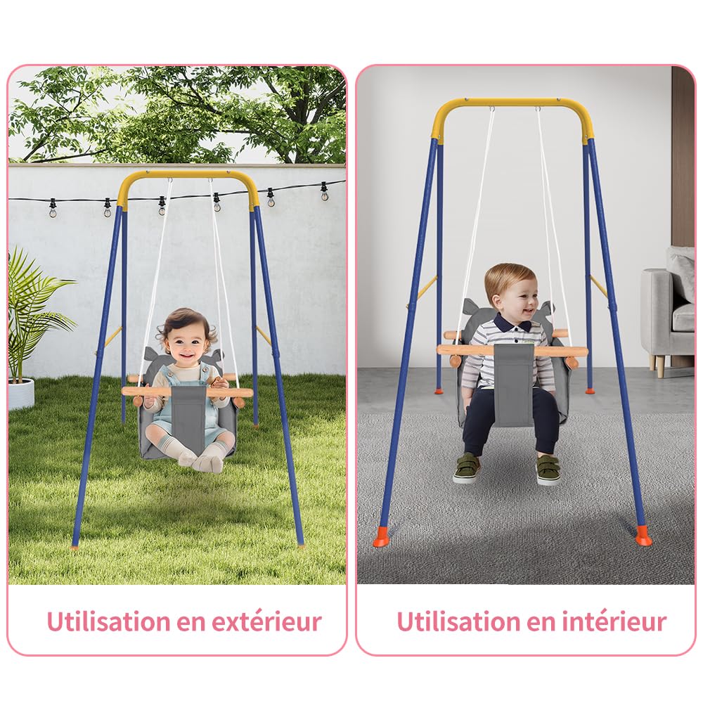 Homewell - Columpio interior para bebé y niños, asiento columpio de madera y algodón para bebé, columpio escandinavo para desarrollo vestibular, Baby Swing (gris oscuro)