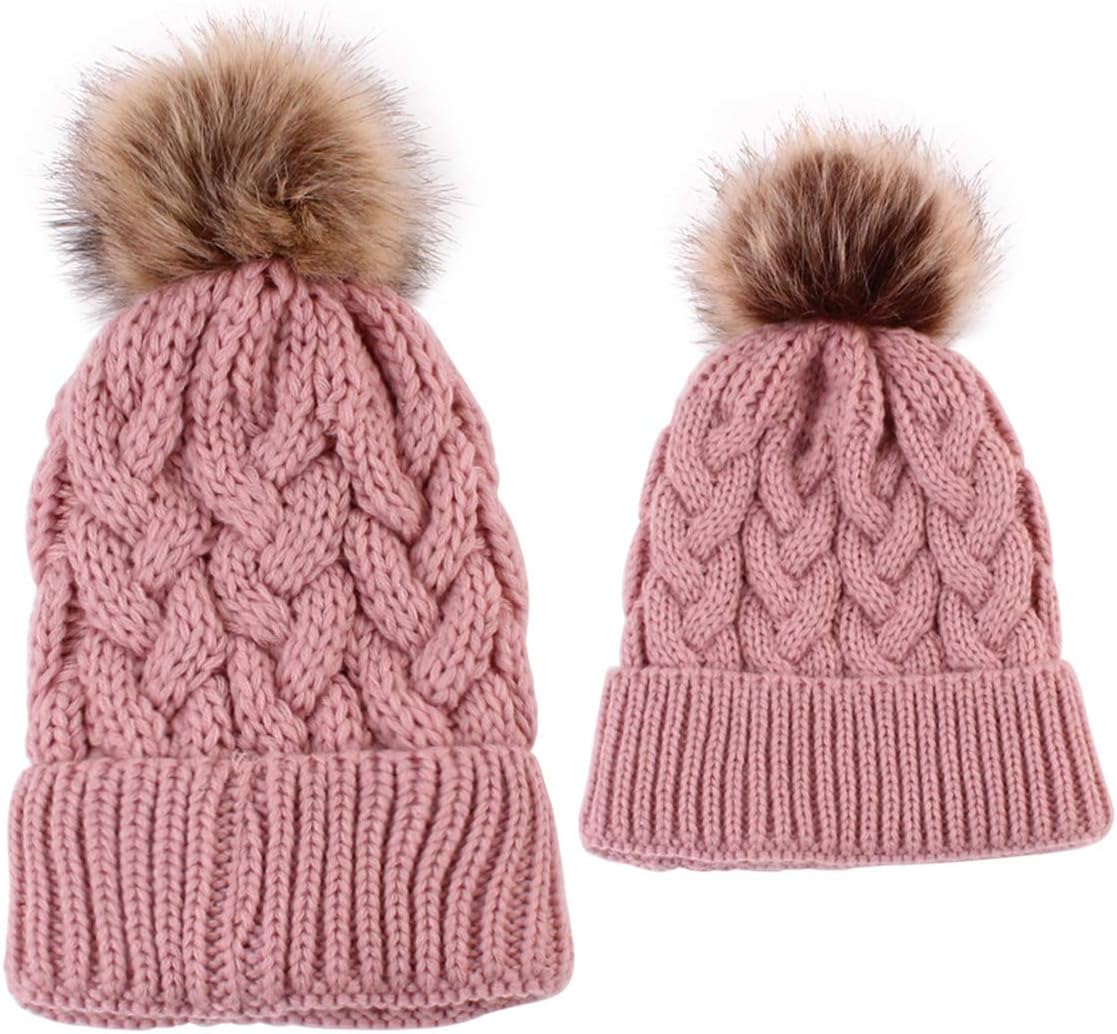 2PCS Mother&Baby Hat Parent-Child Hat Family Matching Cap Winter Warmer Knit Wool Beanie Ski Cap