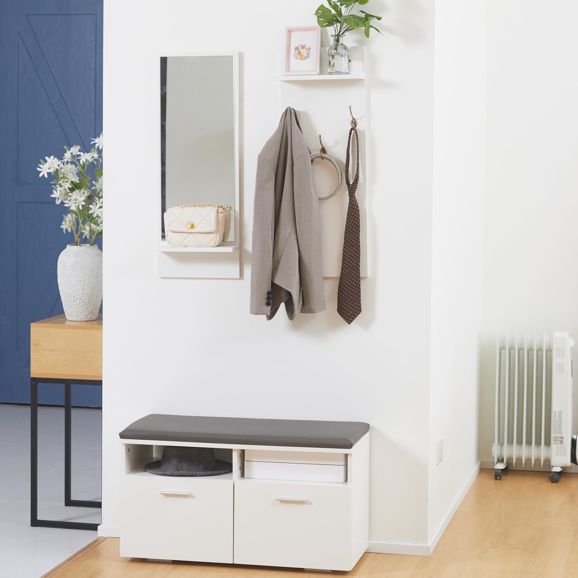 HOMCOM Conjunto de Recibidor con Espejo Perchero y Zapatero Recibidores de Entrada con 3 Ganchos 2 Puertas y Estantes para 8 Pares de Zapatos Blanco