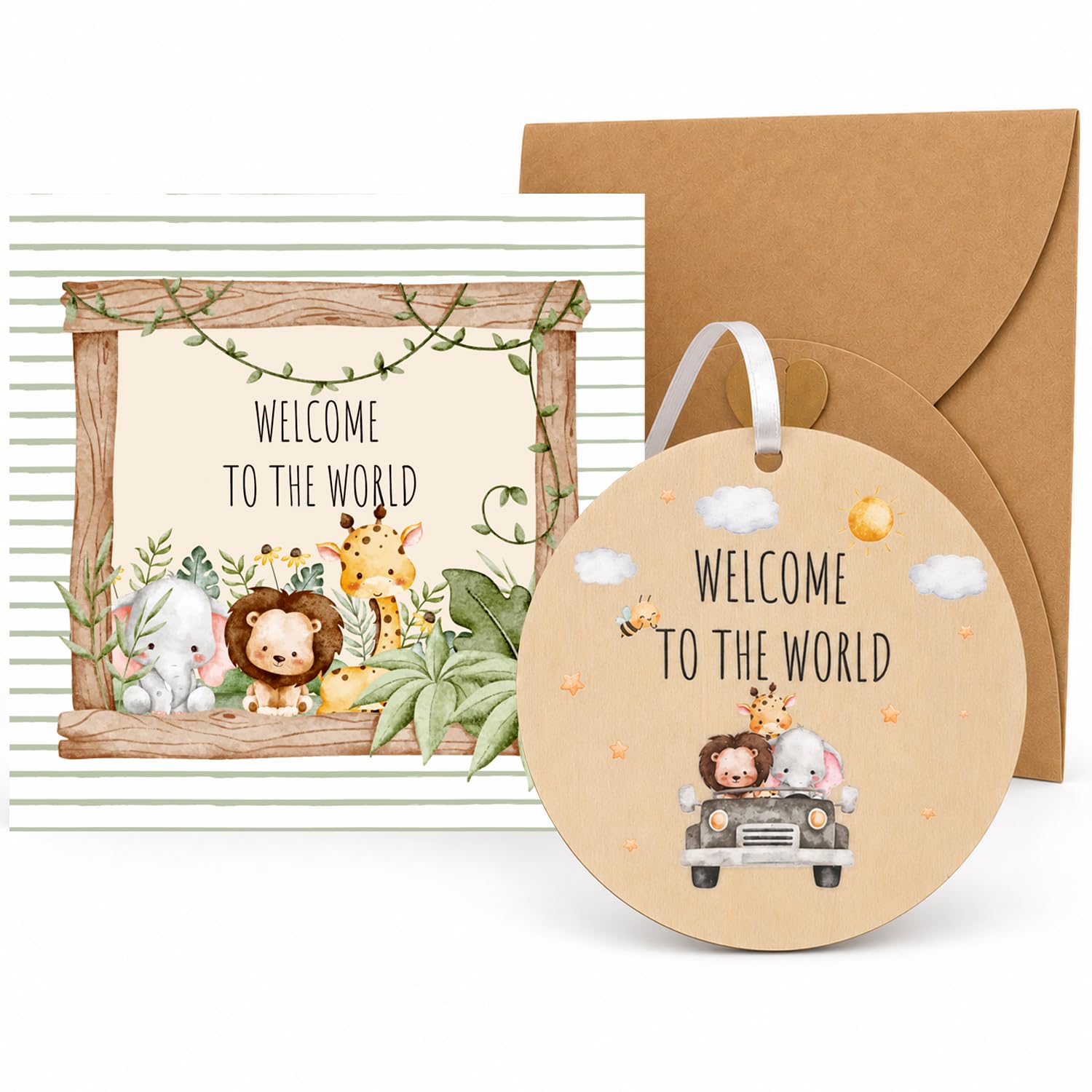 Tayenura New Baby Card with Wooden Plaque, Safari Animal Gift Set 145x145mm — image 1