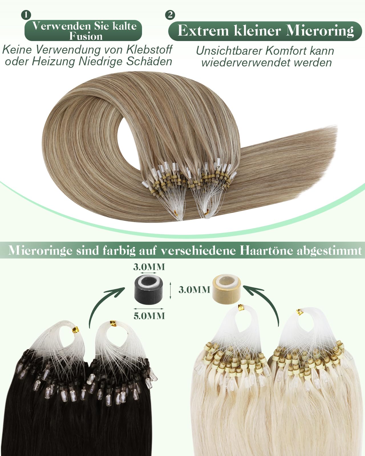 Ugeat Dopinki do przedłużania włosów z prawdziwych włosów, mikro-ringi, platynowy blond, pasemka 60 cm, Remy, mikro-ringi, pasemka, do dłuższych włosów, 50 g, 50 s, #P8A/60
