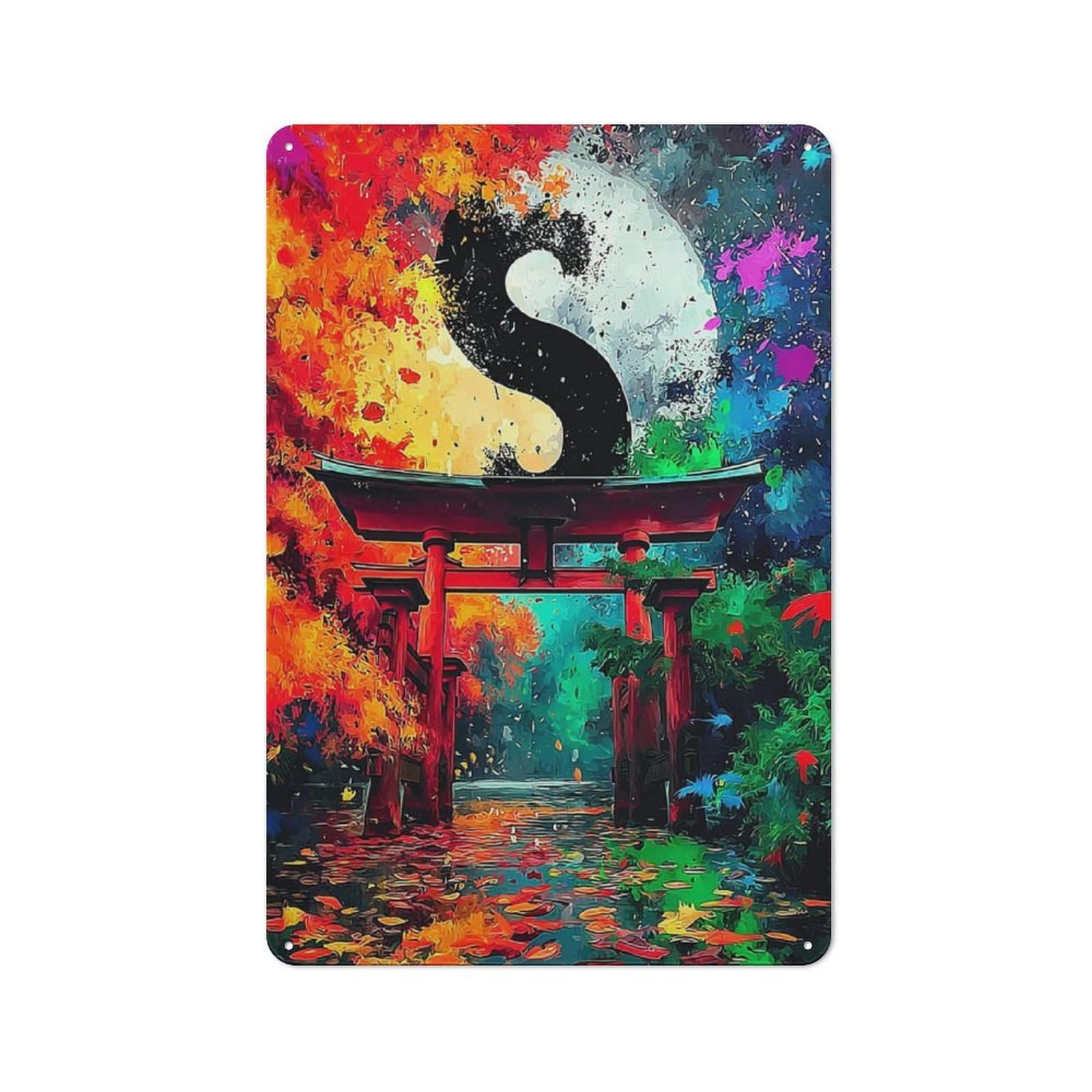 Junmoney Yin-Yang Gate In Autumn Splendor Retro Metal Sign 30X20cm, Garage Style Shed Wall Plaque For Garage, Hobby Room, Office Or Man Cave