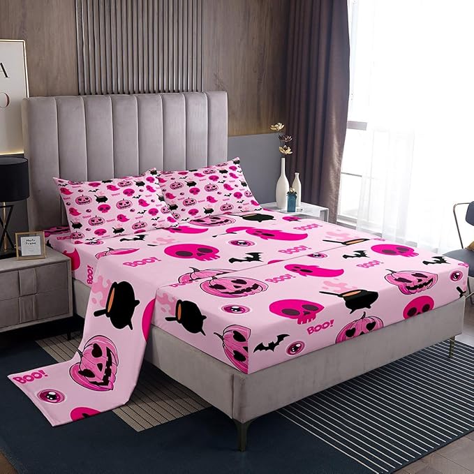 jejeloiu Happy Halloween Decor Bed Sheets Set Full Size Sugar Skull Bed Set Pumpkins Deep Pocket Fitted Sheet Bat Breathable Soft Lightweight Microfiber