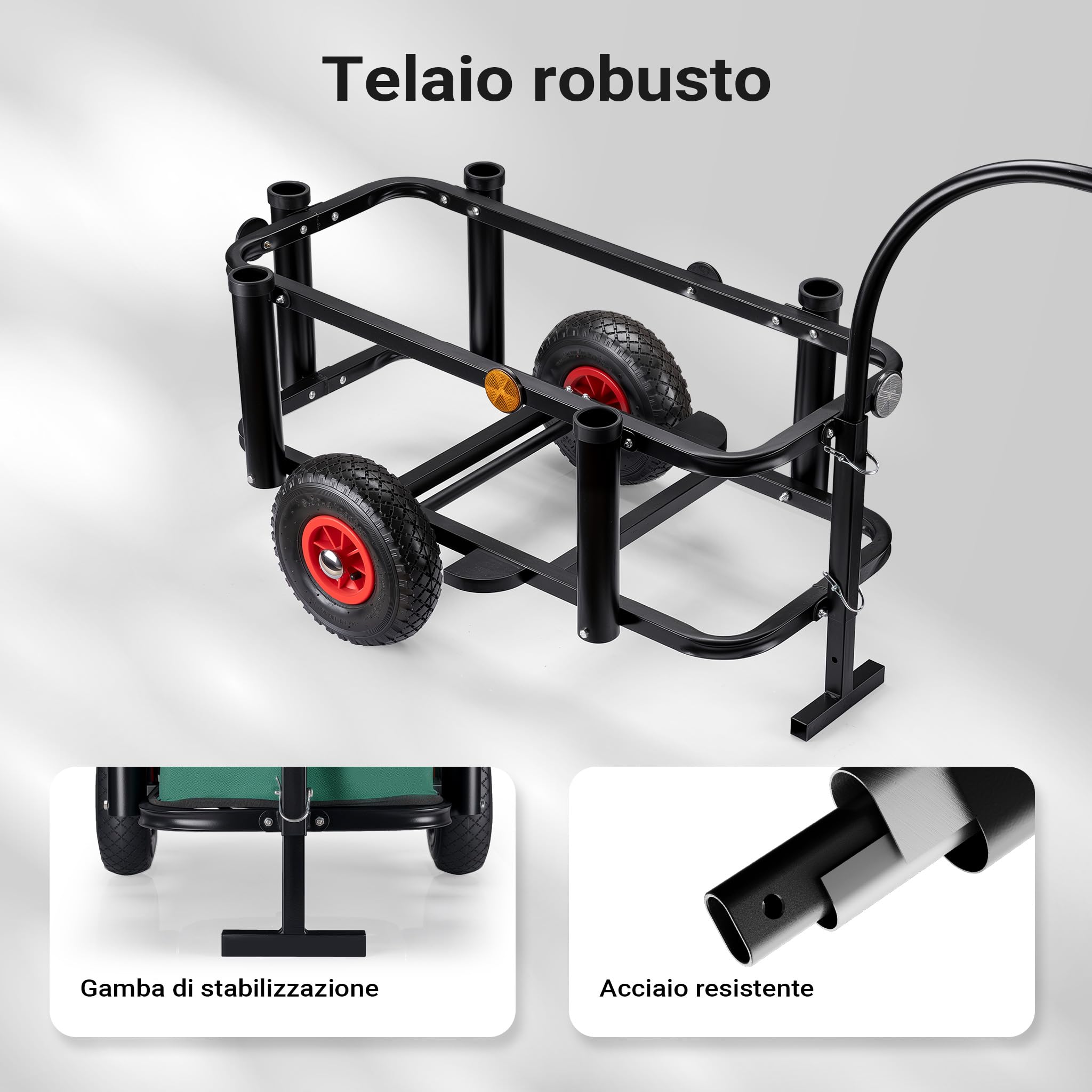 Wiltec Carrello da pesca con portata fino a 50 kg, carrello a mano in acciaio con pneumatici, carrello da campeggio, rimorchio per bici