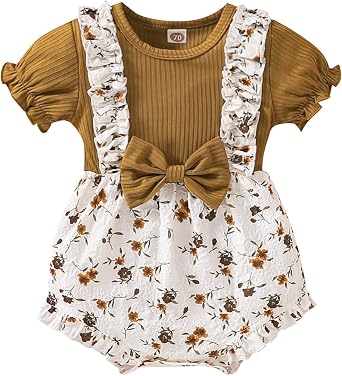 Newborn Girl Baby Romper Floral Ruffle Short Sleeve Jumpsuit Knitted Ribbed Triangle Bodysuit