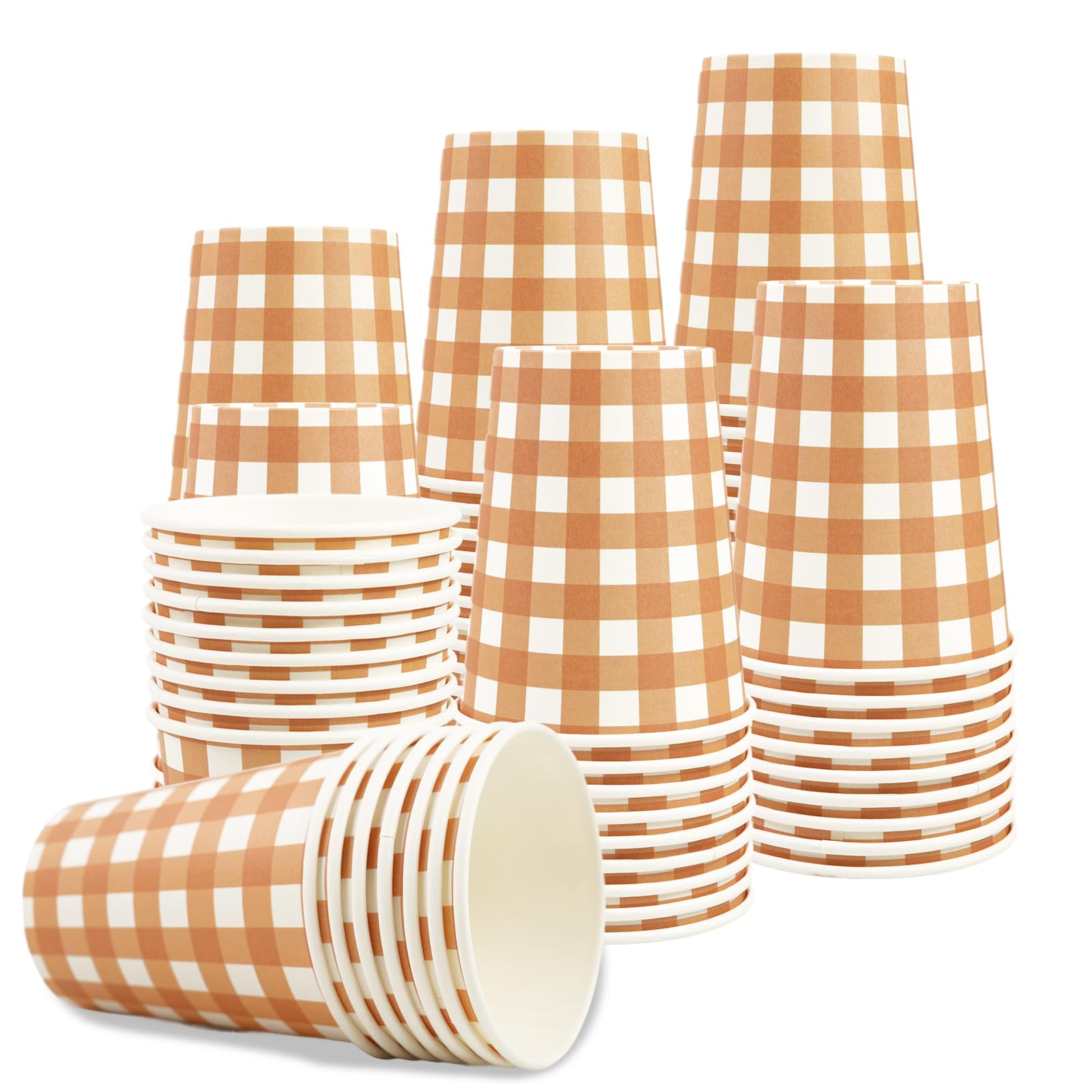 120 vasos de papel a cuadros marrones y blancos, vasos desechables de 9 onzas, vasos a cuadros para otoño, Acción de Gracias, cumpleaños, baby shower, fiesta, picnic, suministros de fiesta