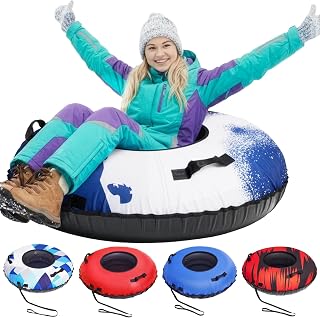 ZEALFEEL Snow Tube, 45''/48'' Rubber Snow Tubes with Commercial Grade Canvas Cover for Kids & Adults, Inflatable Heavy Duty Snow Sled Thickened Hard Bottom with Tow Strap, Sleds Winter Gifts