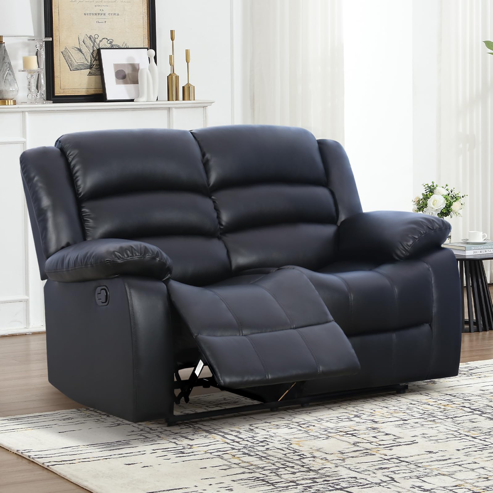 EBELLO Manual Loveseat Recliner Sofa, Faux Leather Reclining Couch with Overstuffed Arms and Back, Double Seat Recliner Couch for Living Room, Meeting Room, Black view 6