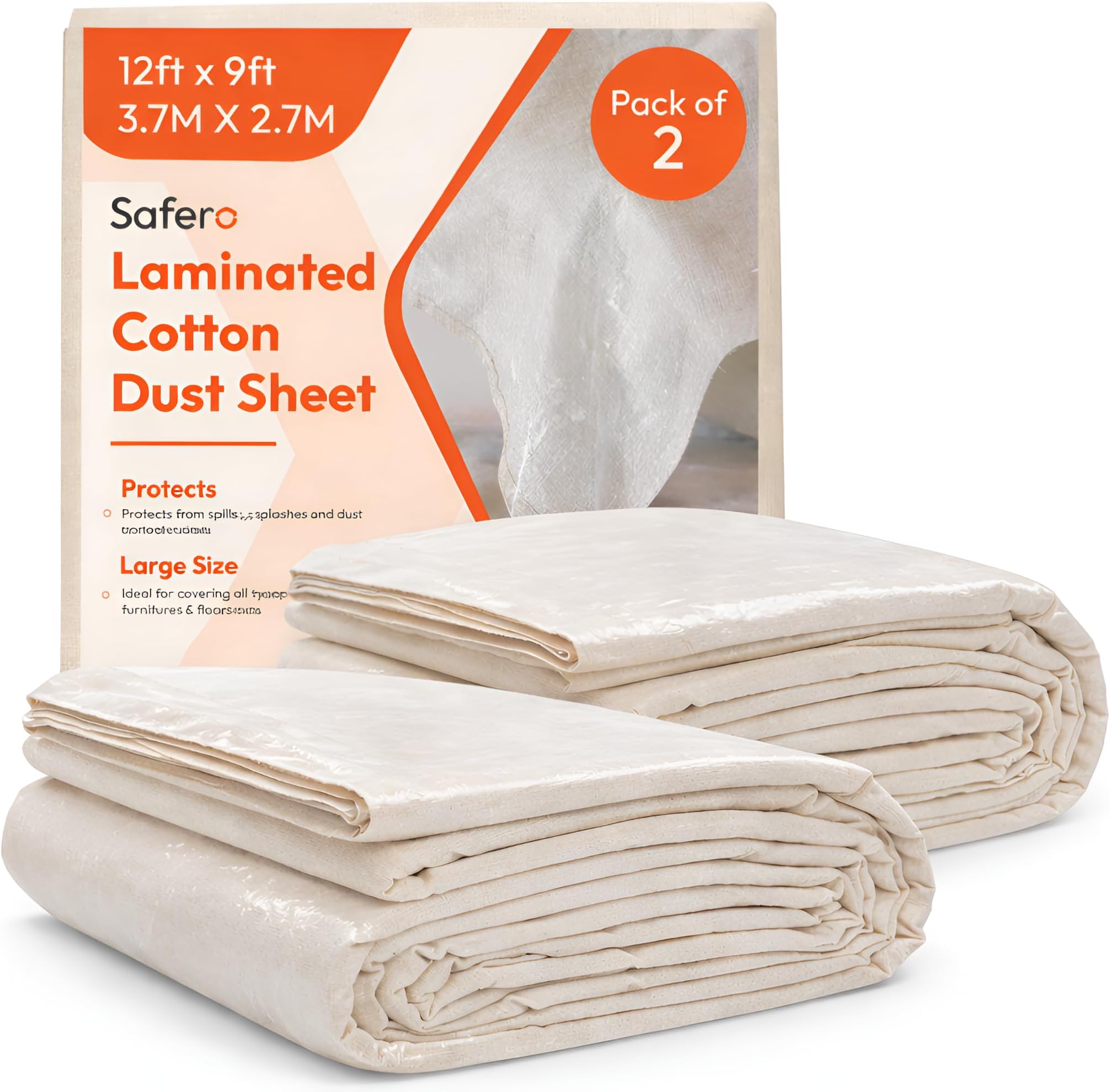 Pack of 2 Laminated Cotton Dust Sheets for Decorating & Painting Size 12ft X 9ft | Waterproof Paint Cover Sheets Backed with Plastic Polythene Sheeting | Drop Cloth for, Furnitures, Floor, StairCase