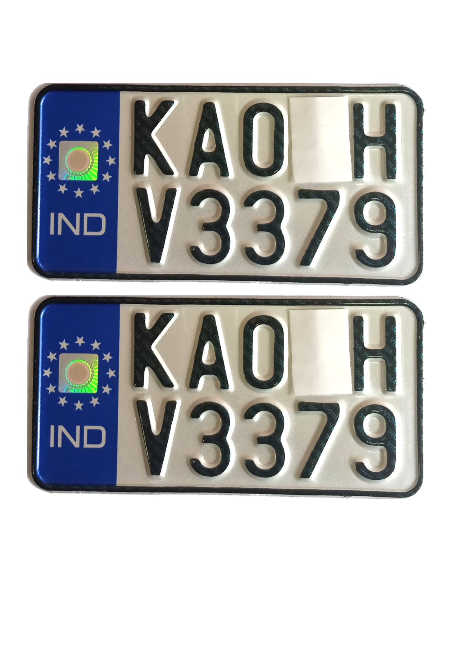 IND Pradeep Bike - Fancy Aluminium Number Plates for Scooter 2 Same Size, with buyer's Number or Name Die Pressured Embossed Front and Back | White with Blue Strip