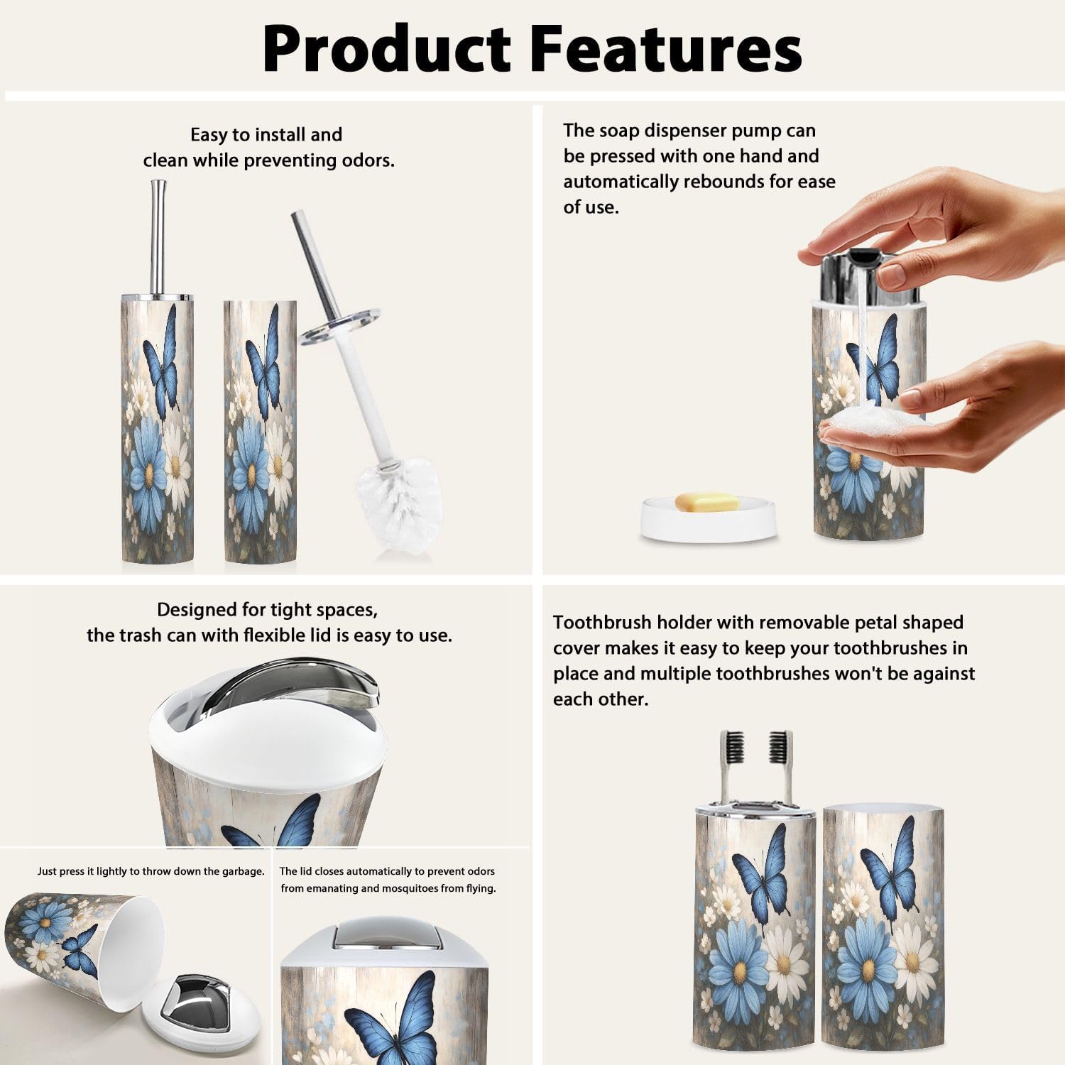 Bathroom Accessory Set 6 Piece Boho Flower Shower Daisy Wild Rustic Floral Blue Daisies Butterfly Wooden Trash Can, Toothbrush Holder, Soap Dispenser, Soap Dish, Toothbrush Cup, Toilet Brush Holder
