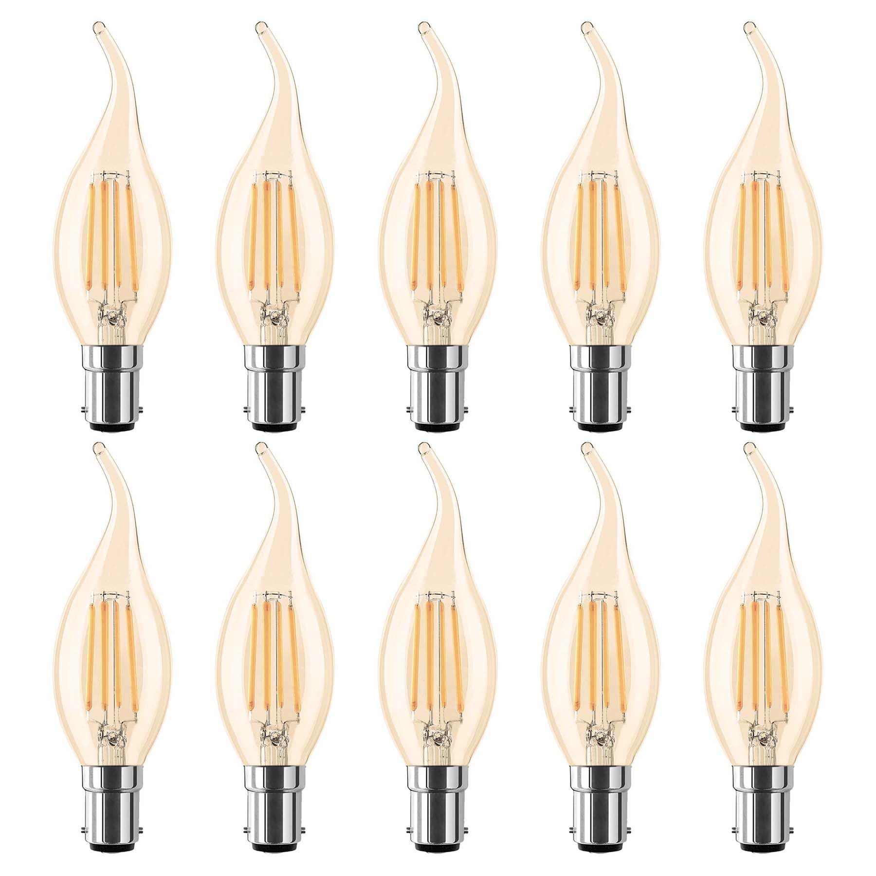 G.W.S® LED Filament Bulb, C35 B15 Small Bayonet, LED Flame Tip Candle Bulb, 4W Dimmable Warm White 2700K, Amber Glass, Pack of 10